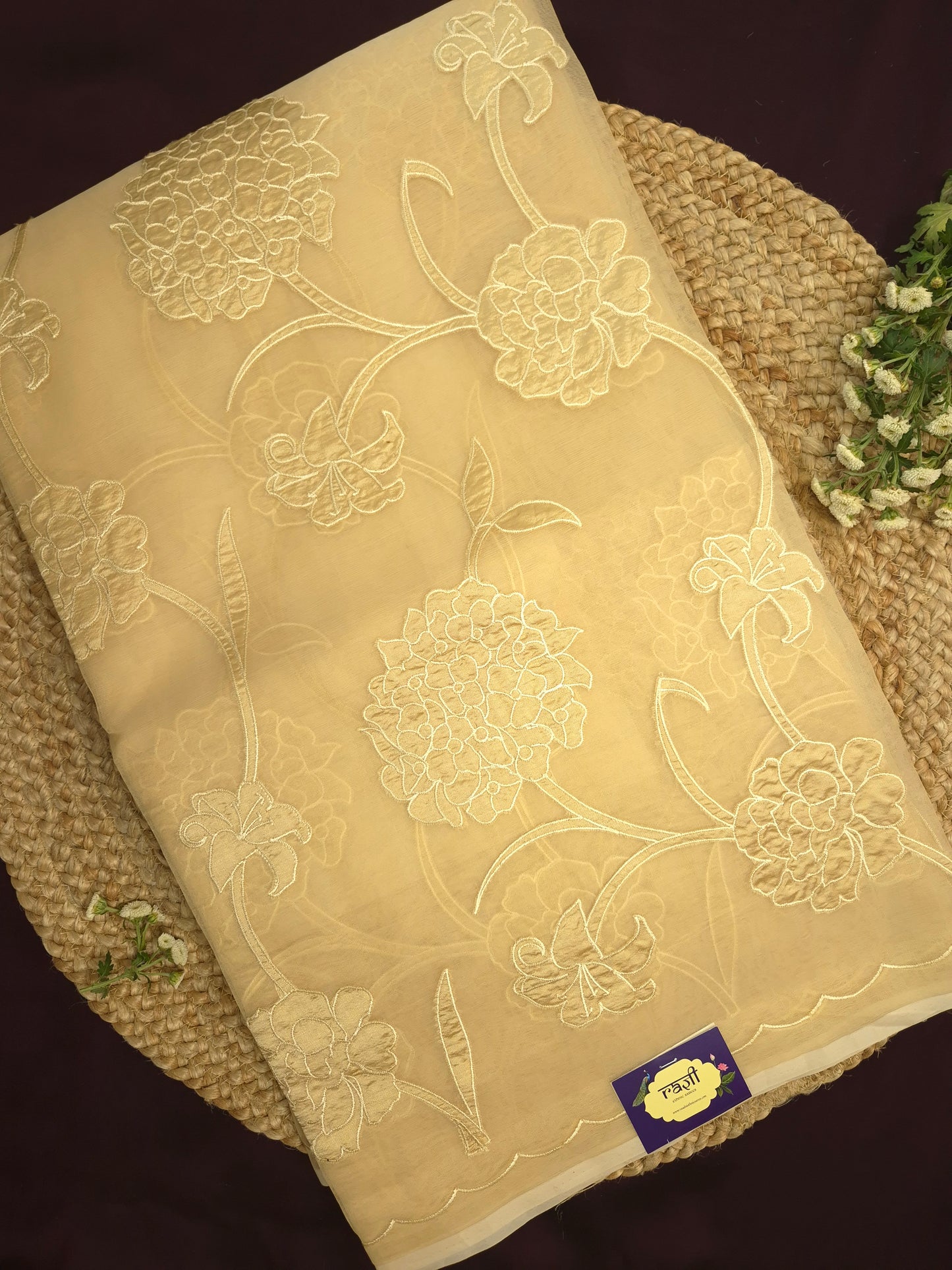 Pastel Golden Organza Applique Saree