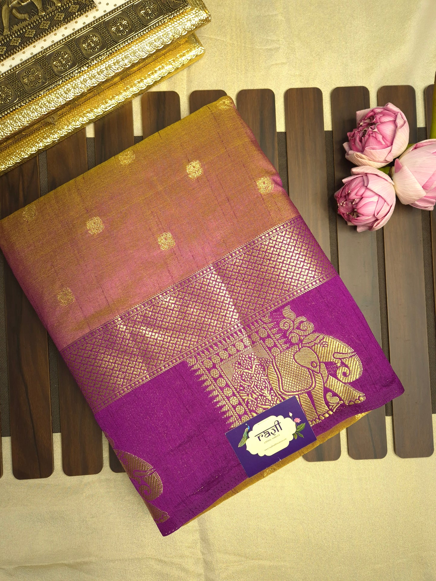 Dual Shade of Purple and Golden Raw Silk Saree with Purple Border and Elephant Motifs