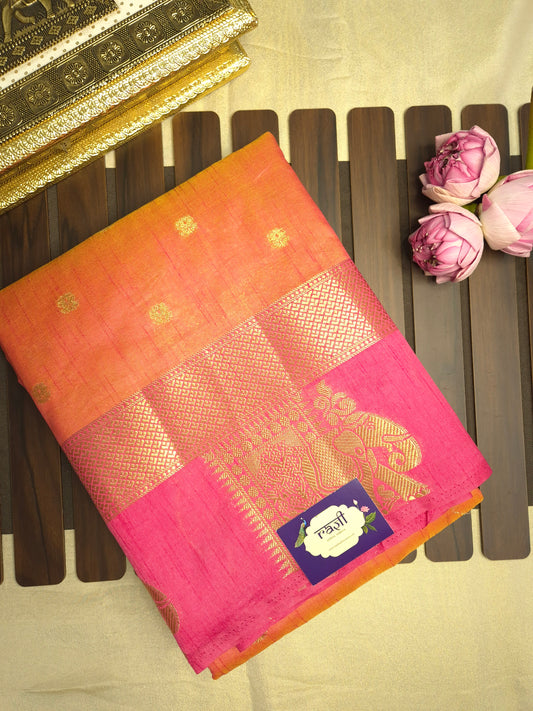 Dual Shade of Orange and Pink Raw Silk Saree with Pink Border and Elephant Motifs