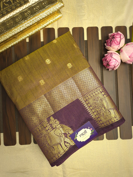 Dual Shade of Wine and Golden Raw Silk Saree with Wine Border and Elephant Motifs
