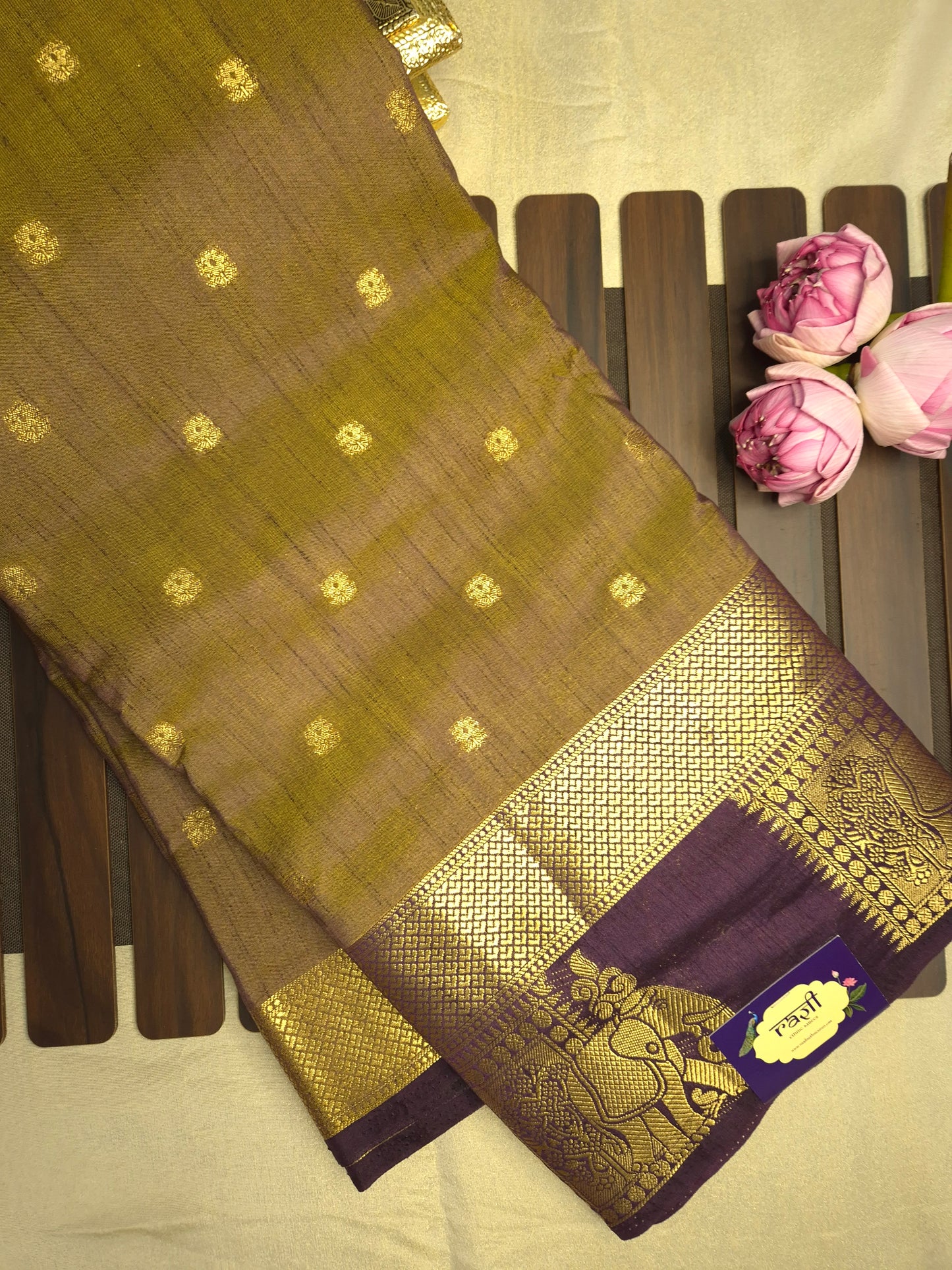 Dual Shade of Wine and Golden Raw Silk Saree with Wine Border and Elephant Motifs