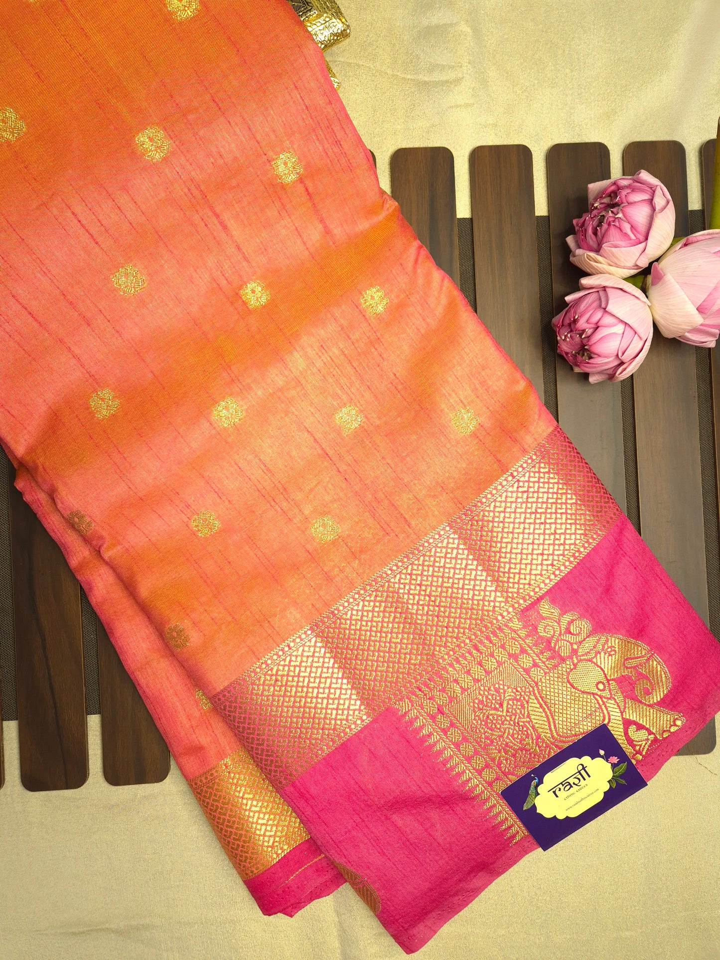 Dual Shade of Orange and Pink Raw Silk Saree with Pink Border and Elephant Motifs