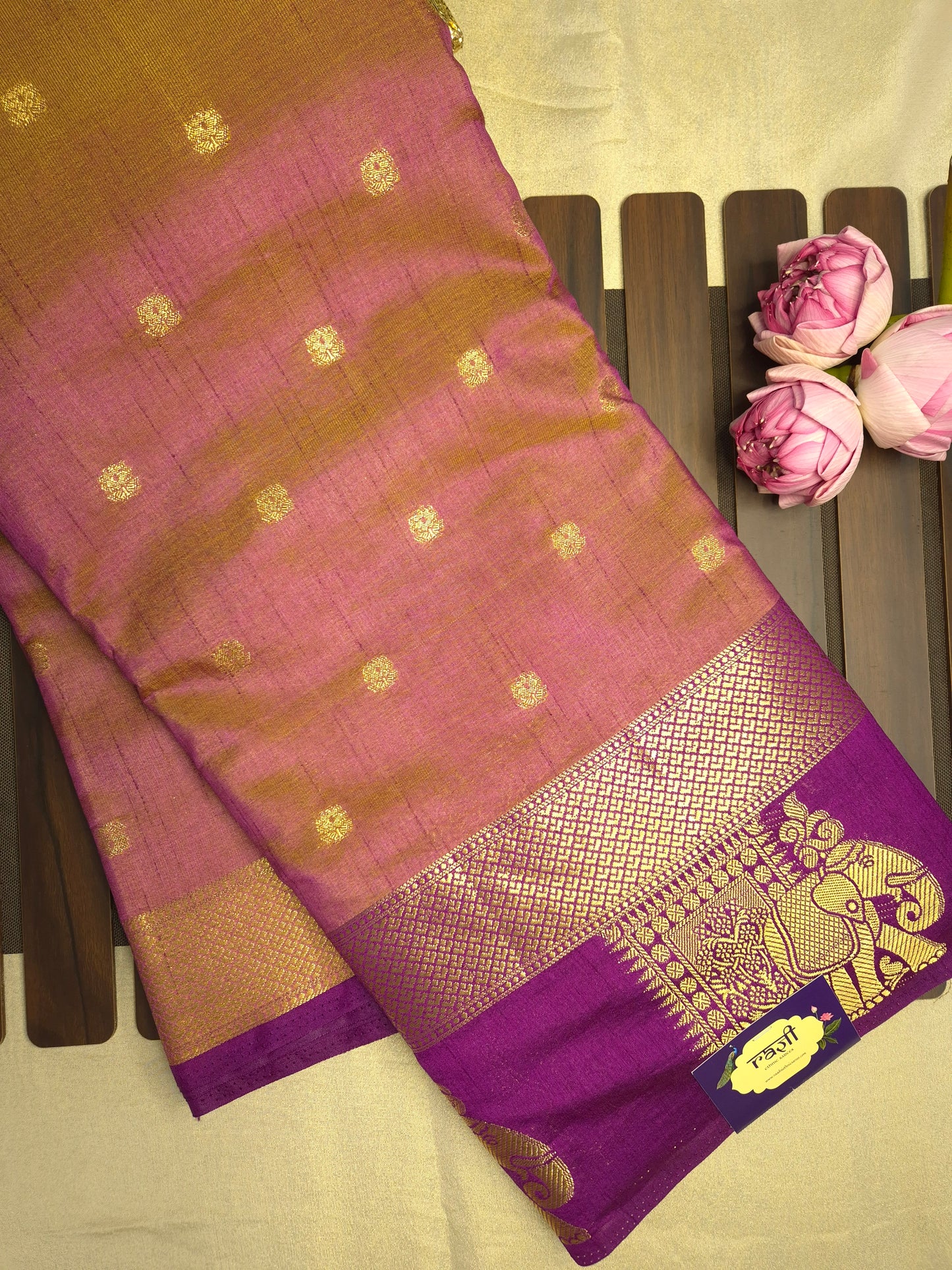 Dual Shade of Purple and Golden Raw Silk Saree with Purple Border and Elephant Motifs