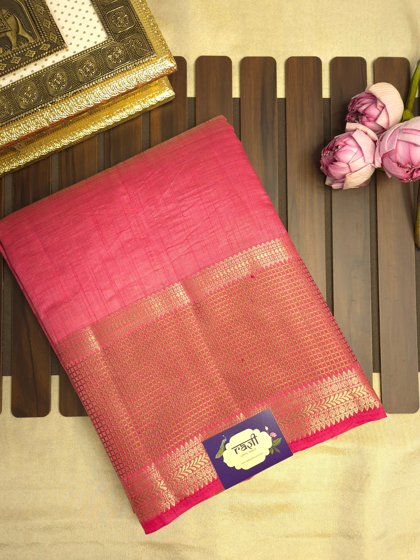 Tomato Pink Raw Silk Saree with Checkered Golden Border