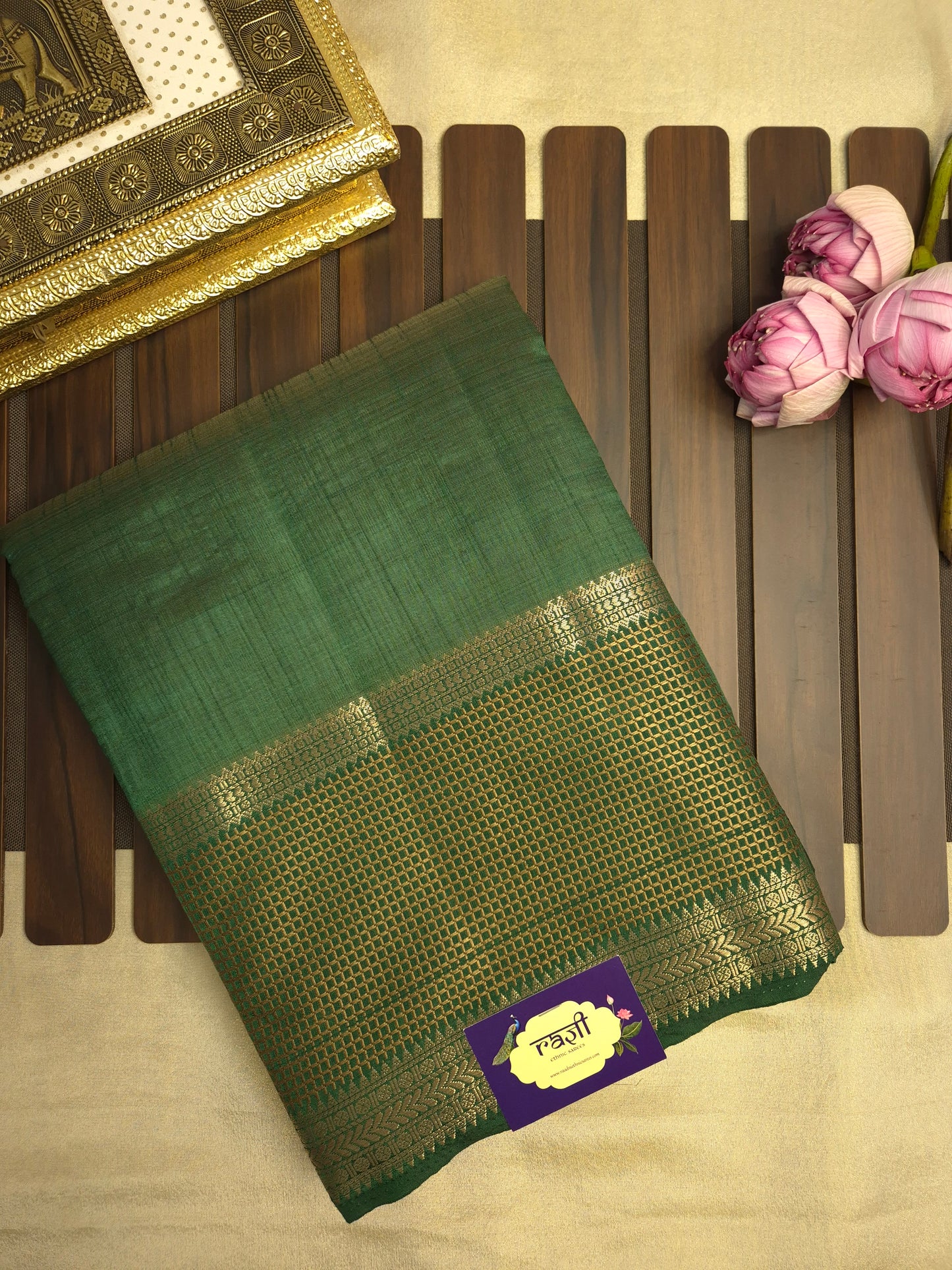 Dark Green Raw Silk Saree with Checkered Golden Border