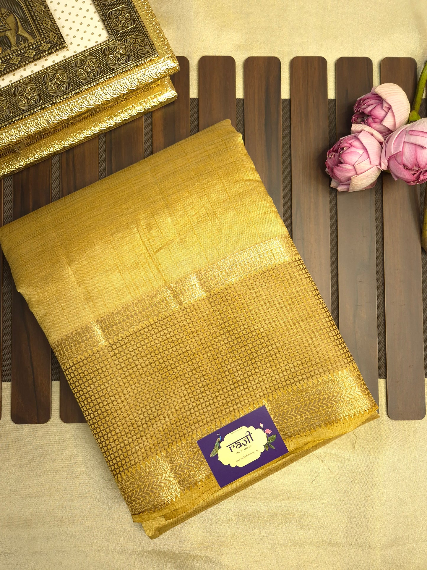 Golden Raw Silk Saree with Checkered Golden Border