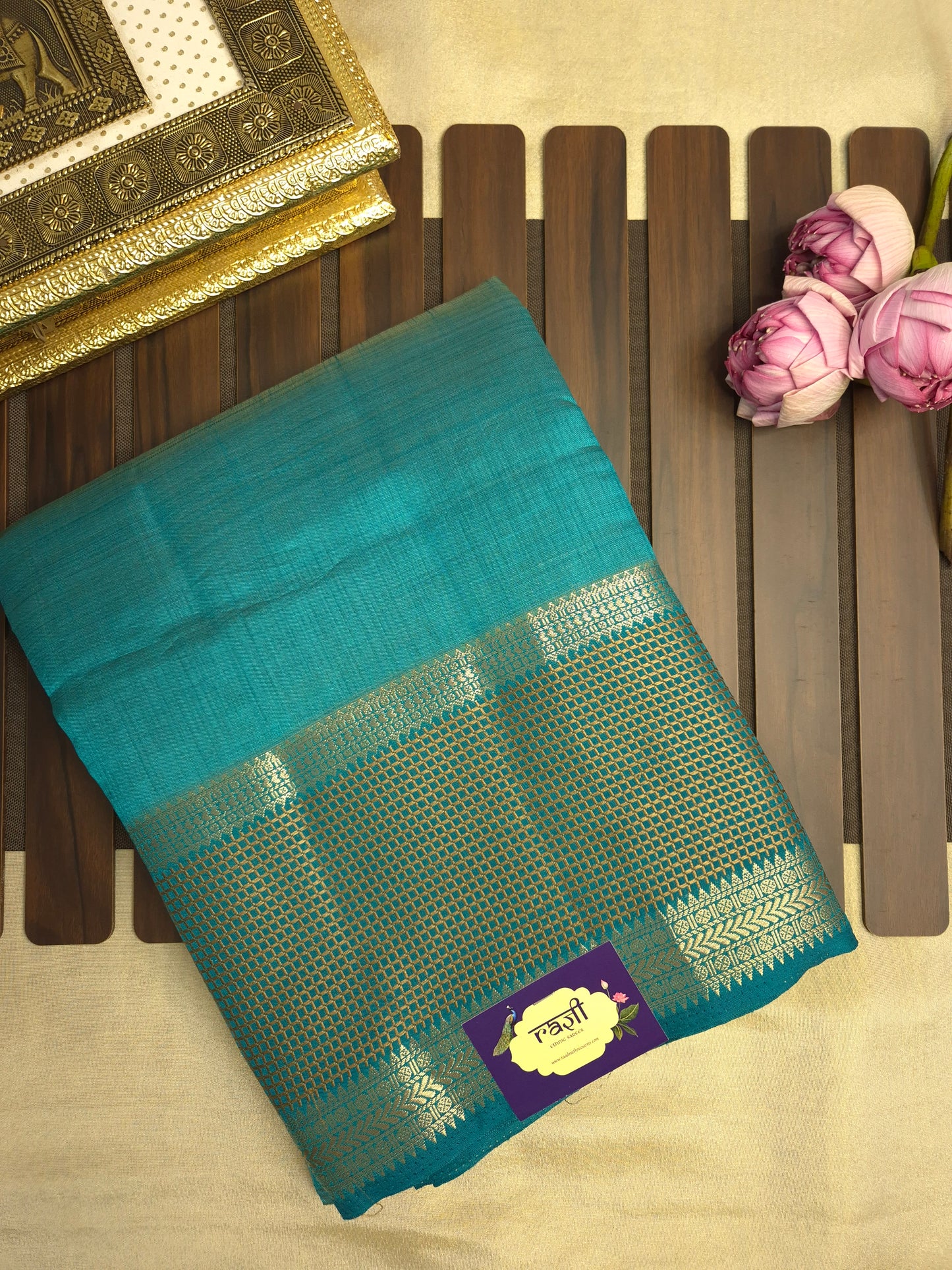 Rama Green Raw Silk Saree with Checkered Golden Border