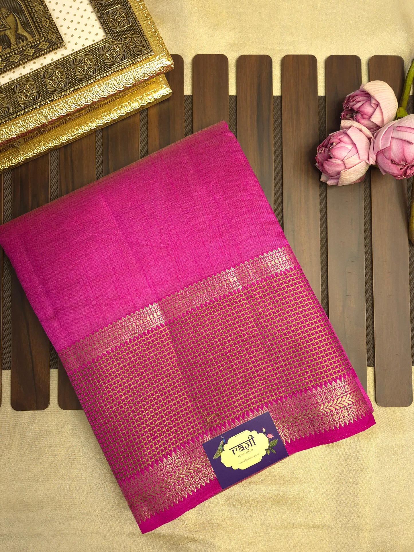 Rani Pink Raw Silk Saree with Checkered Golden Border