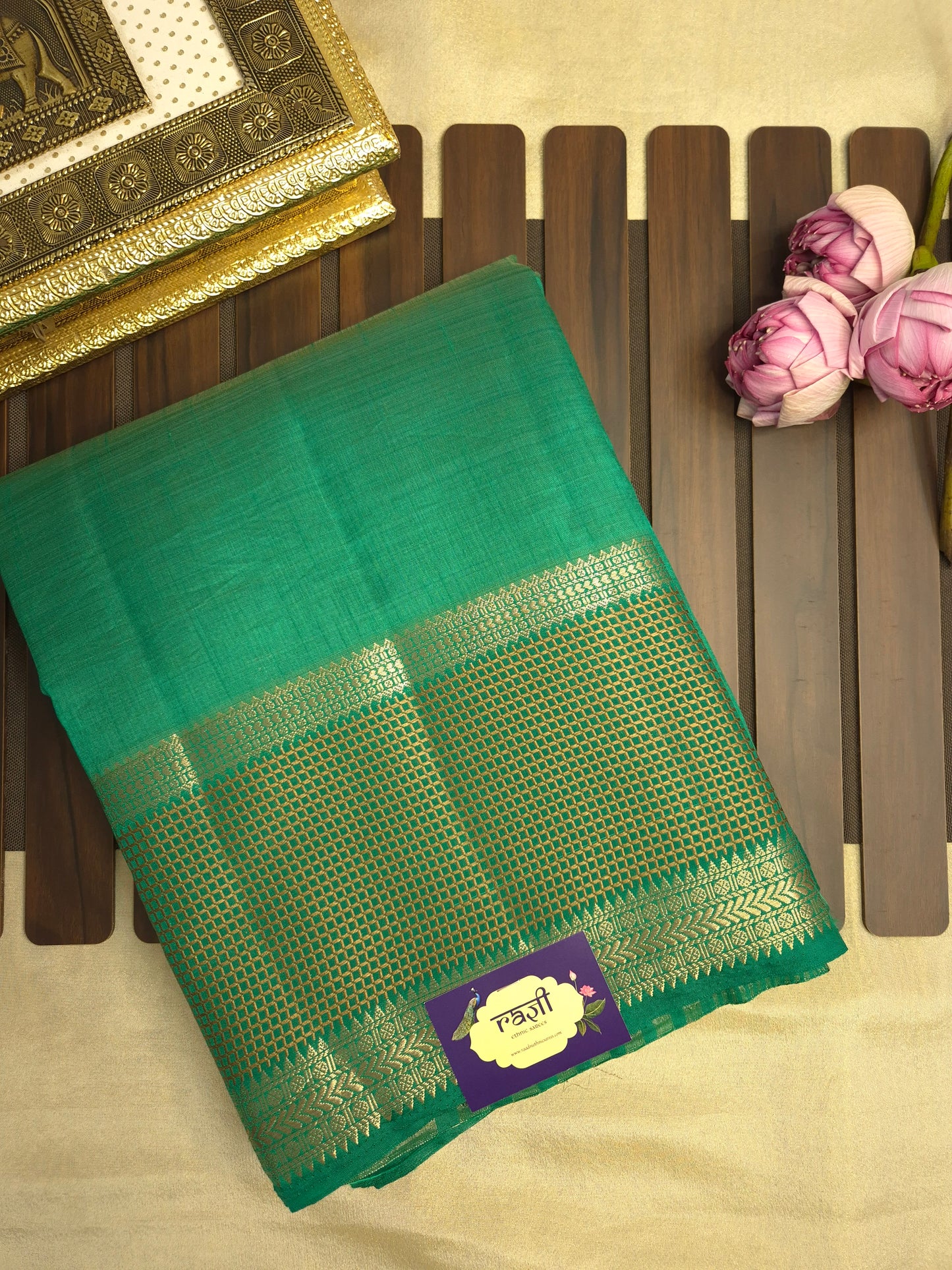 Leaf Green Raw Silk Saree with Checkered Golden Border