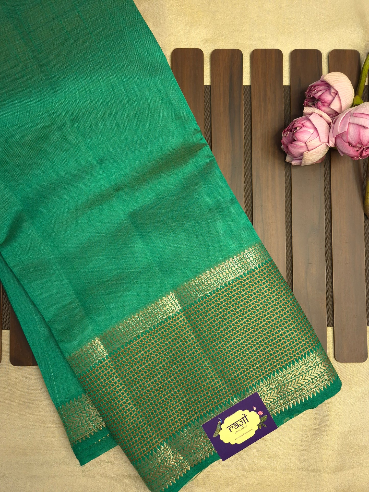 Leaf Green Raw Silk Saree with Checkered Golden Border