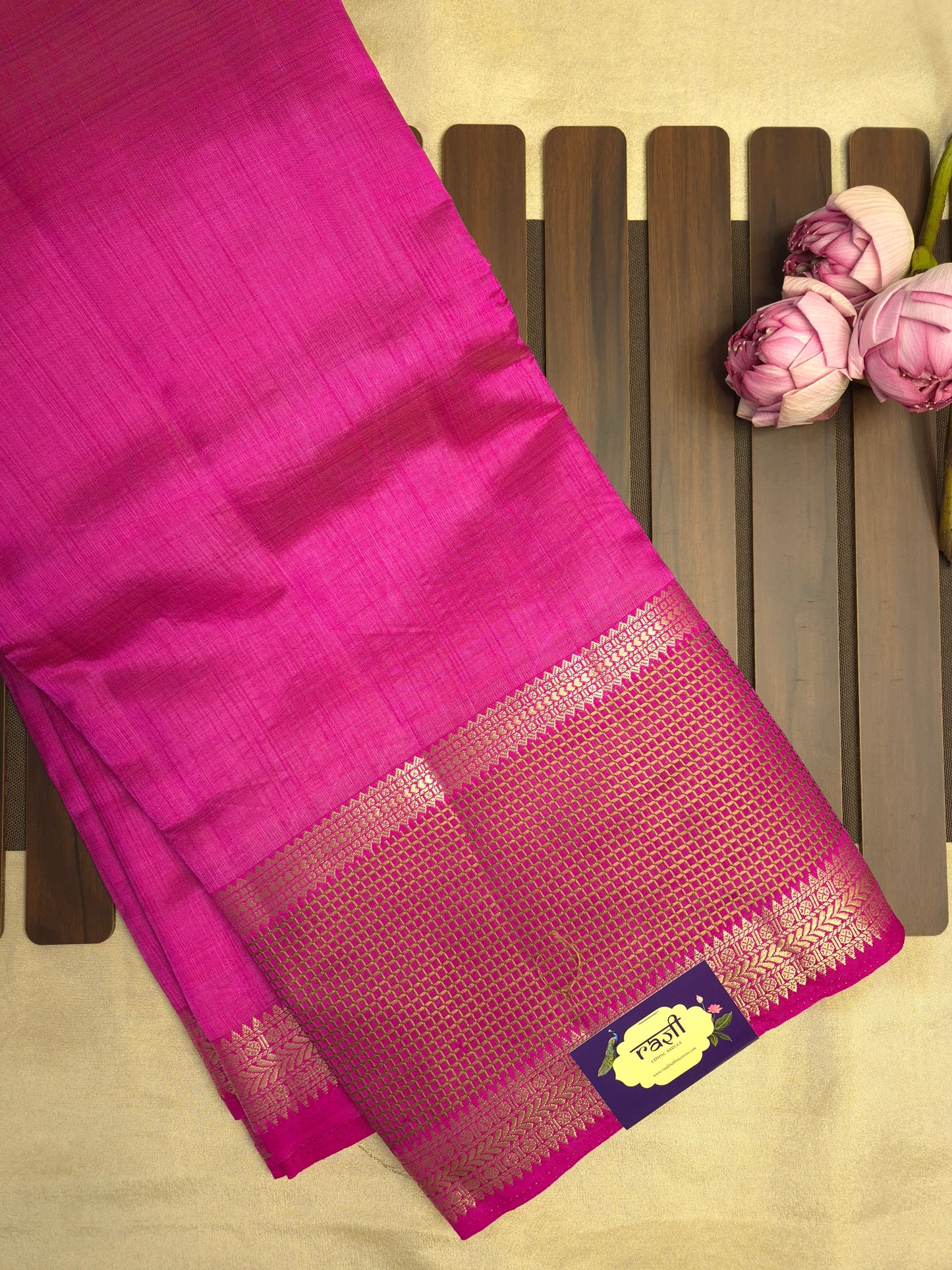 Rani Pink Raw Silk Saree with Checkered Golden Border