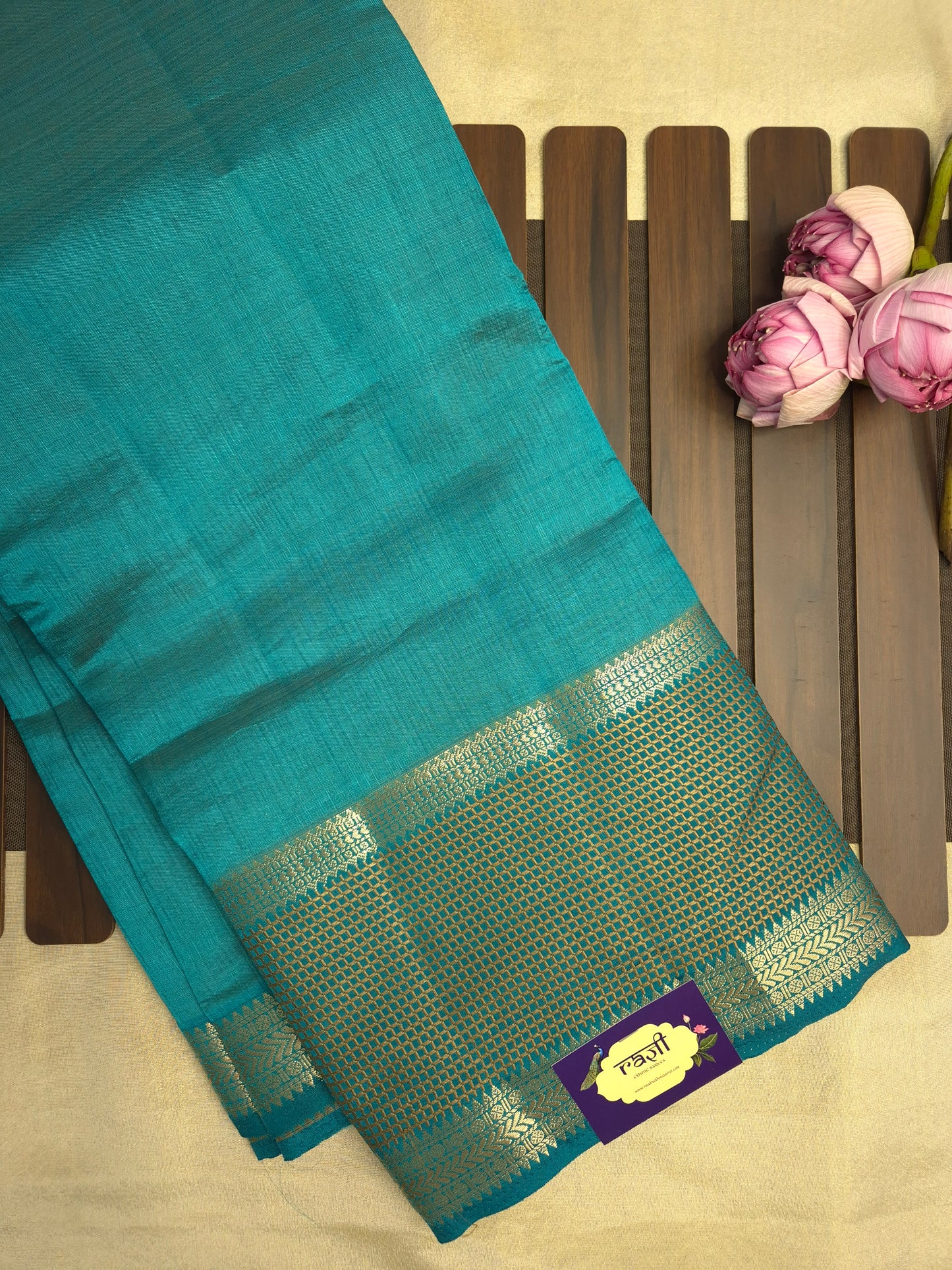 Rama Green Raw Silk Saree with Checkered Golden Border