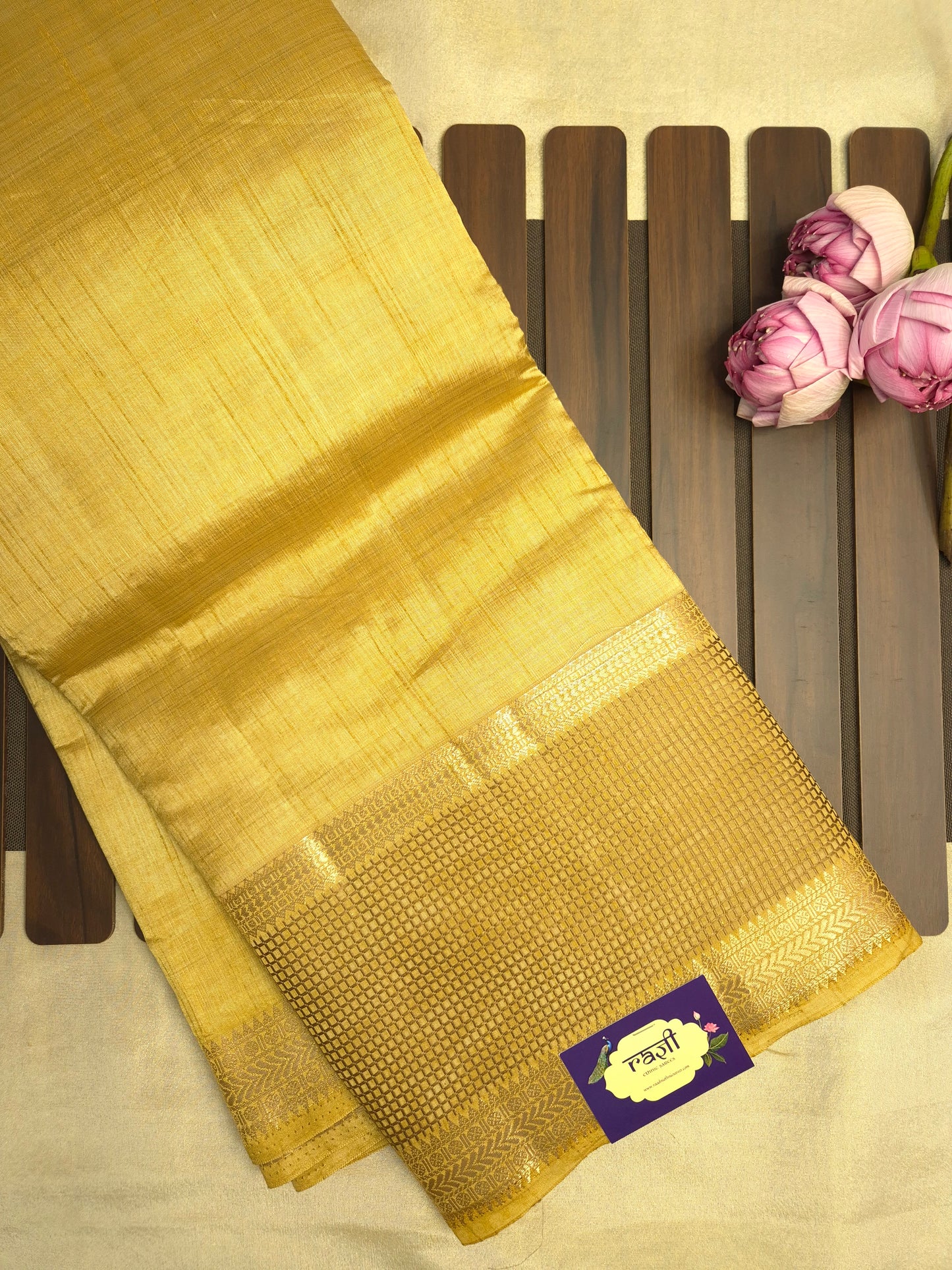 Golden Raw Silk Saree with Checkered Golden Border