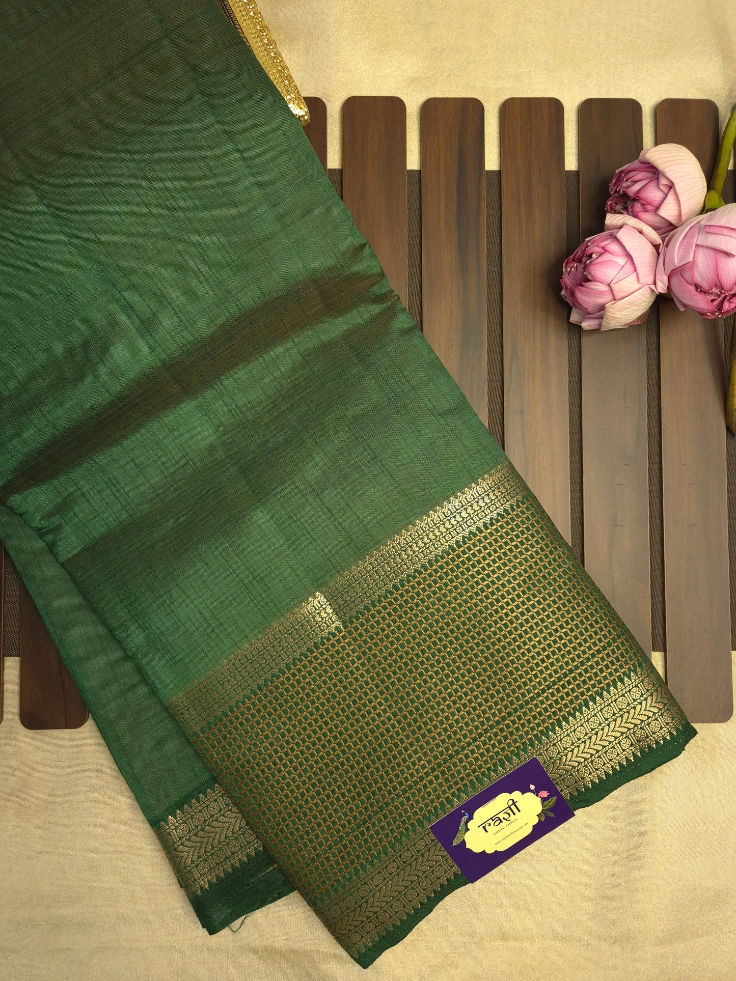 Dark Green Raw Silk Saree with Checkered Golden Border