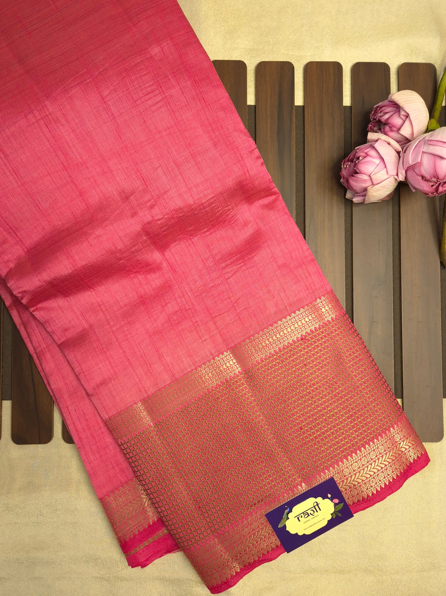 Tomato Pink Raw Silk Saree with Checkered Golden Border