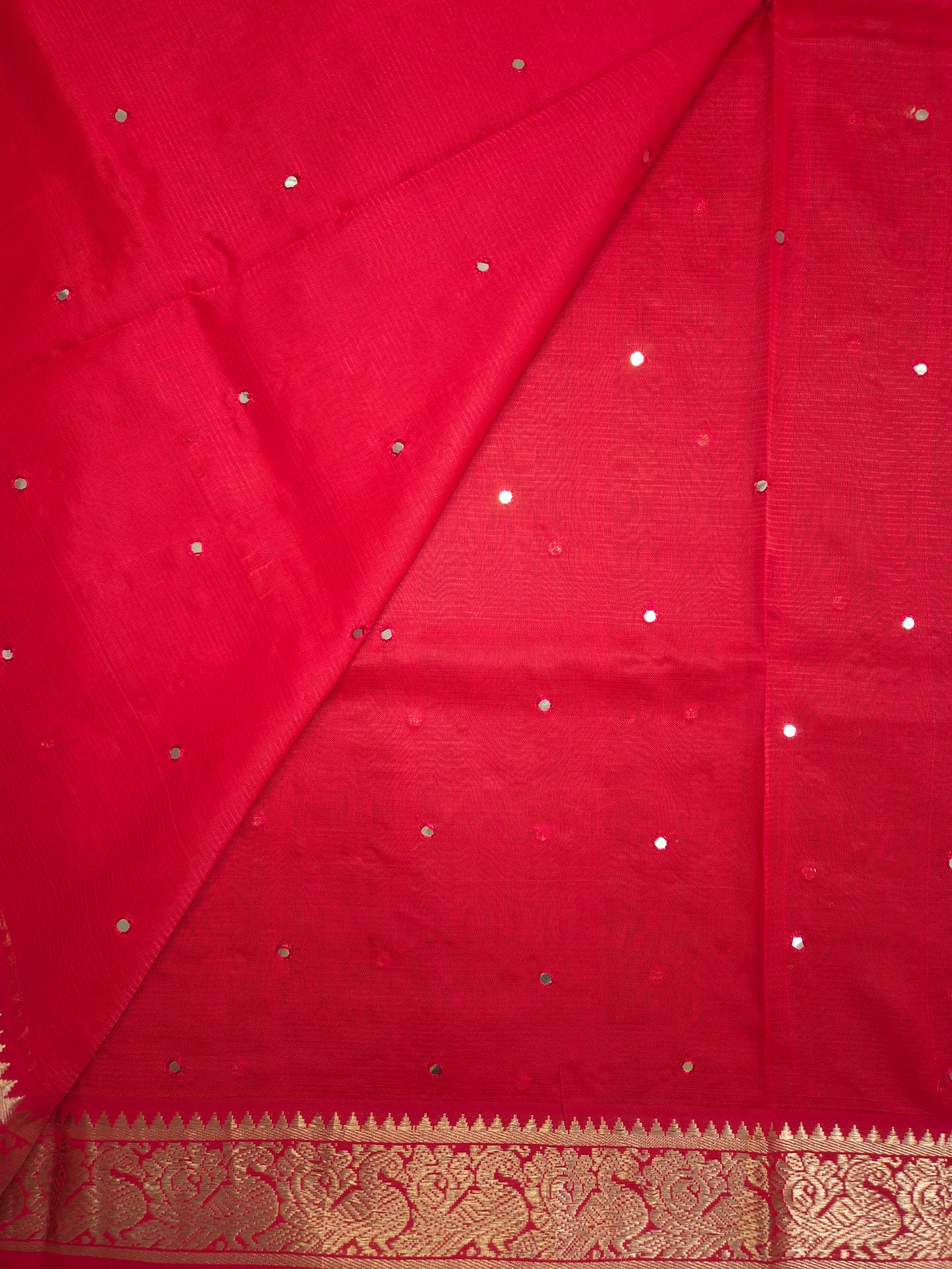 Cherry Red Mangalgiri Pattu Saree with Mirror work