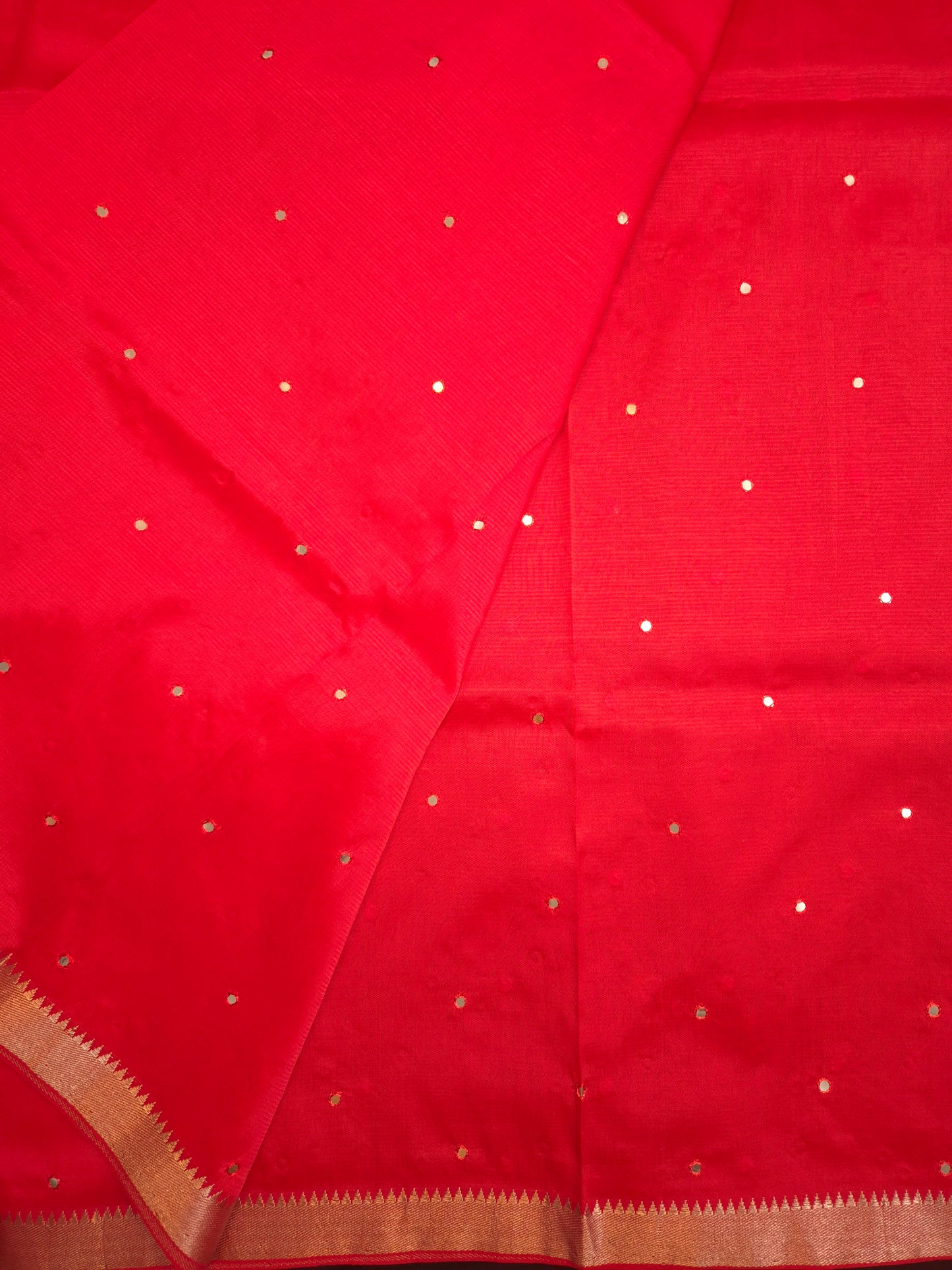 Cherry Red Mangalgiri Pattu Saree with Mirror work