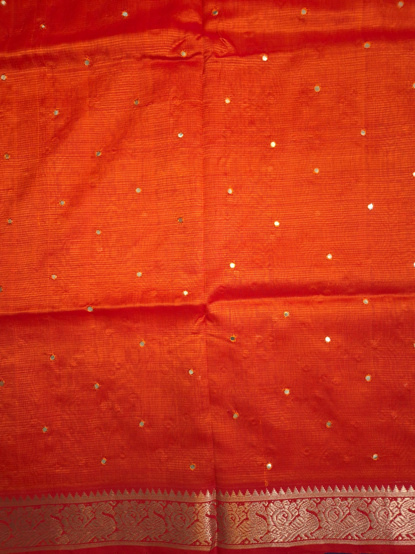 Orange Golden Mangalgiri Pattu Saree with Mirror work