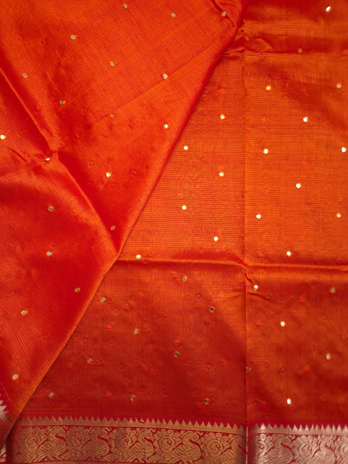 Orange Golden Mangalgiri Pattu Saree with Mirror work