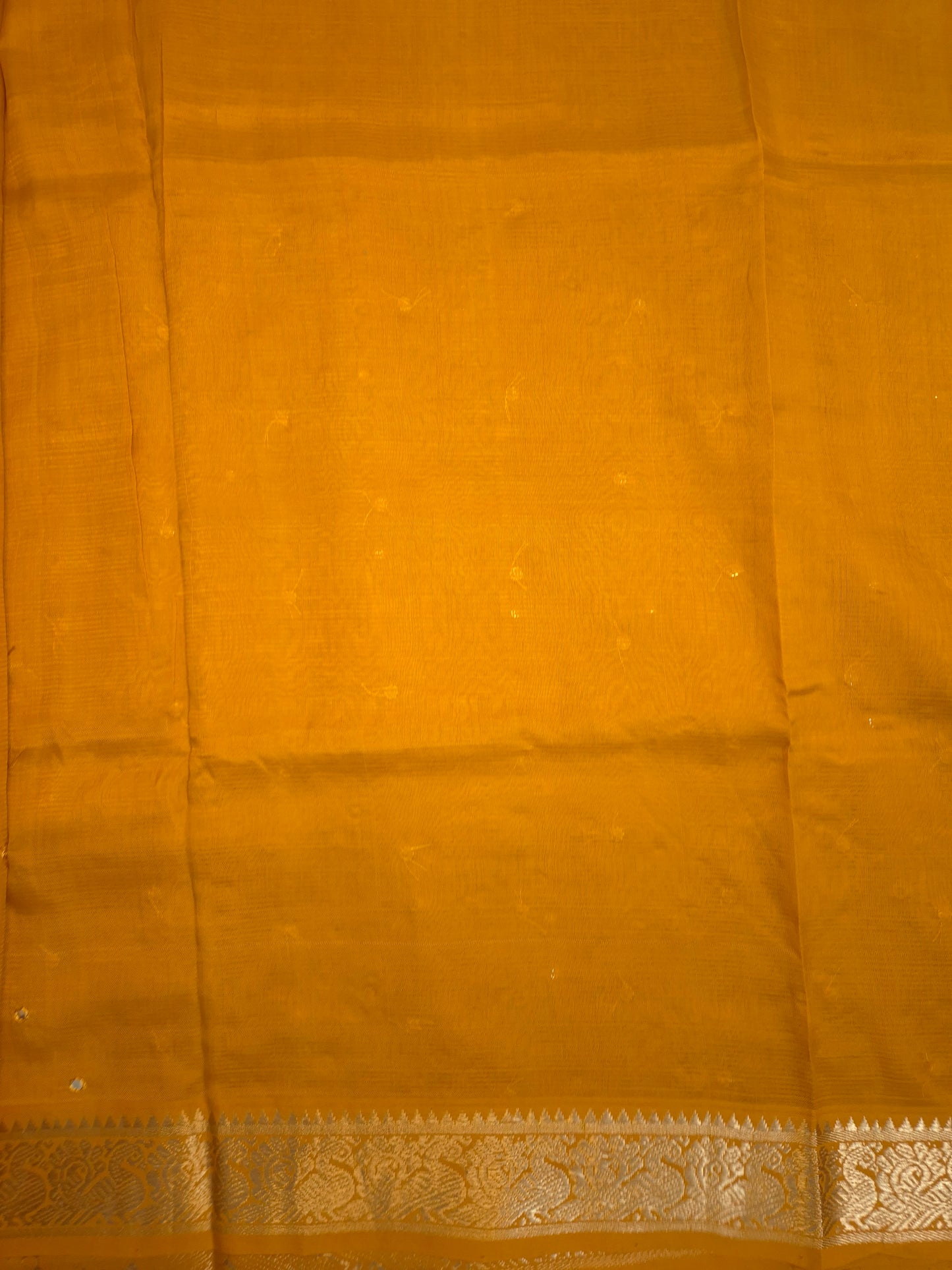 Mustard Yellow Mangalgiri Pattu Saree with Mirror work