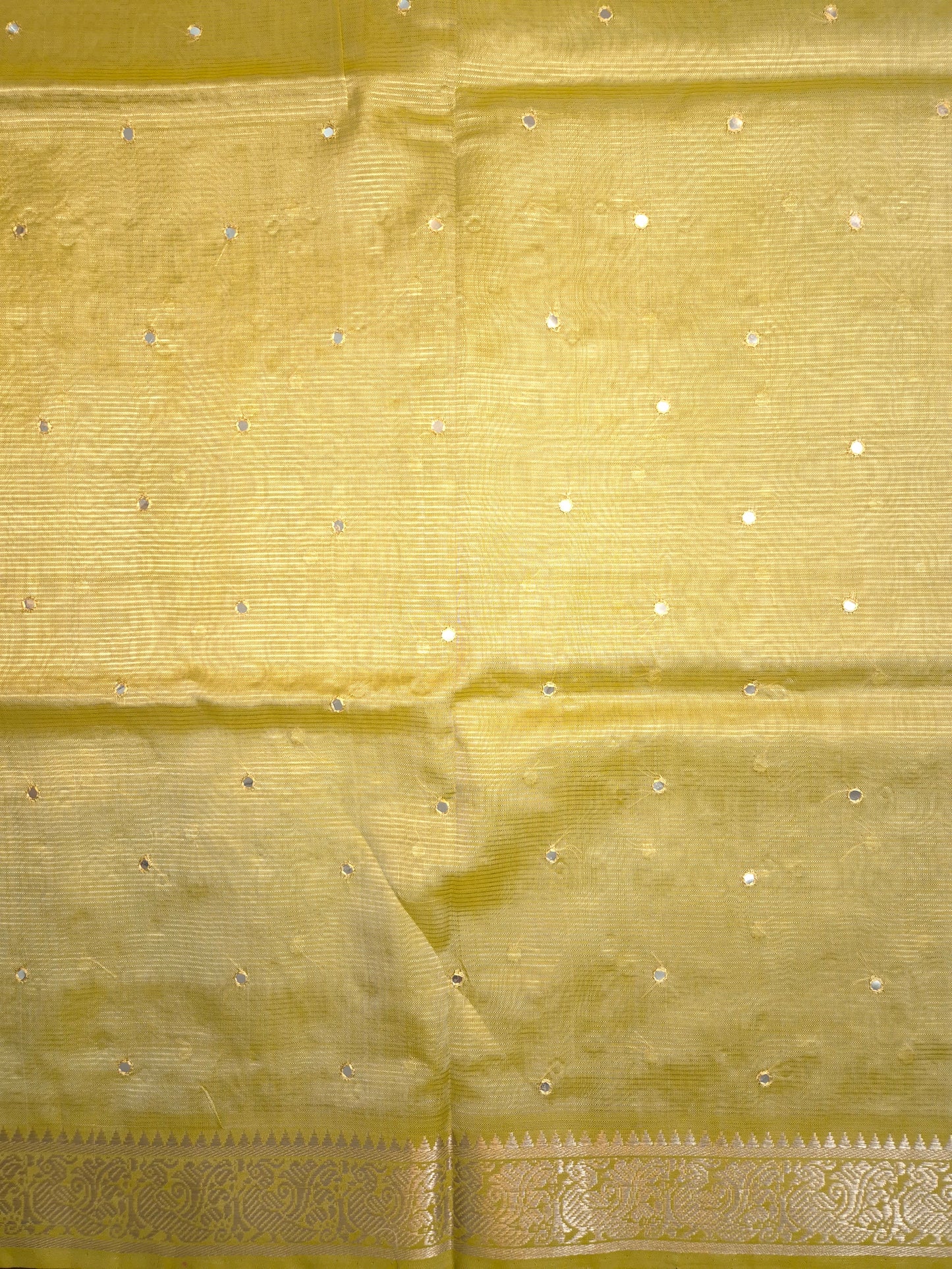 Pastel Yellow Golden Mangalgiri Pattu Saree with Mirror work