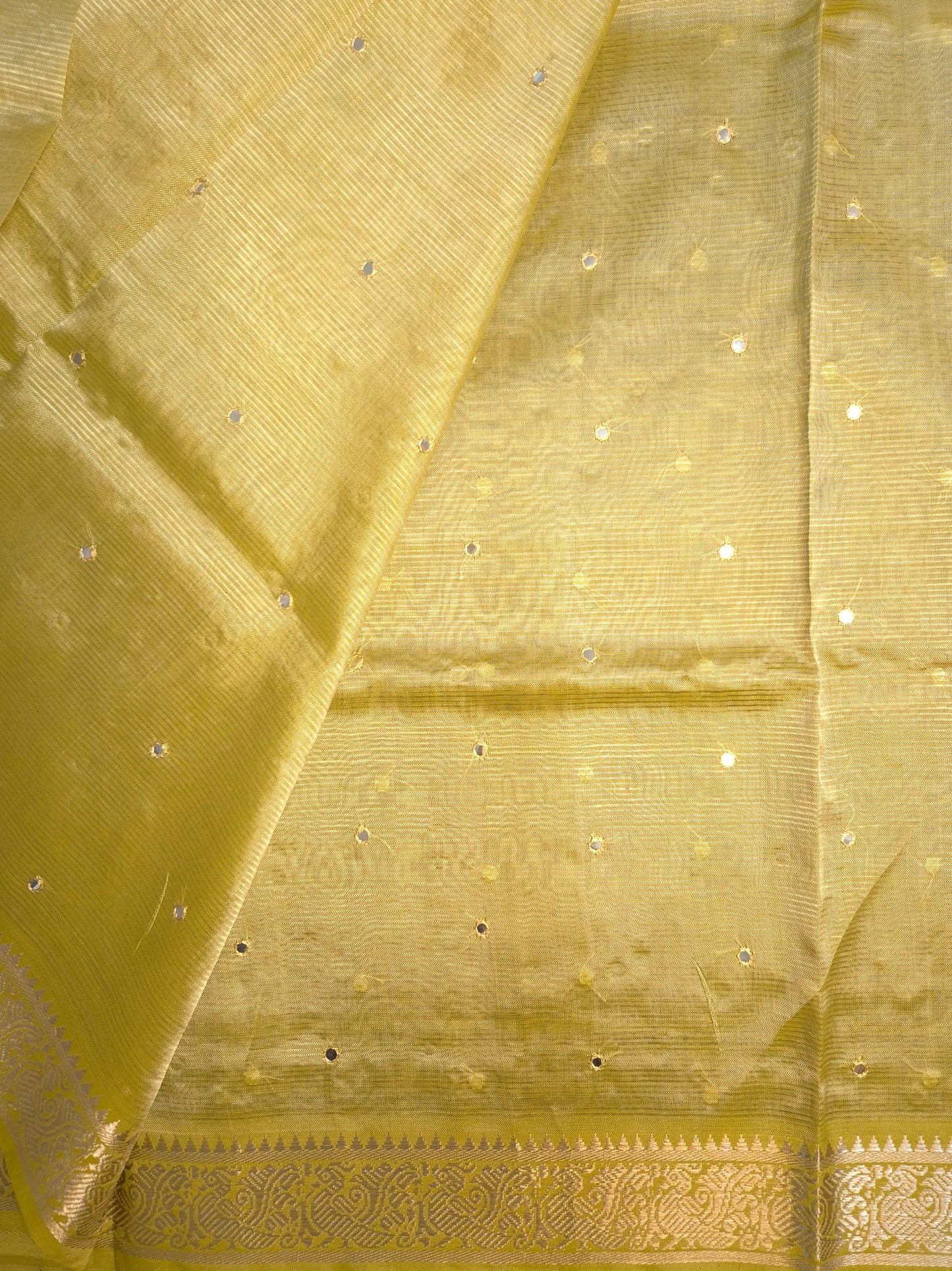 Pastel Yellow Golden Mangalgiri Pattu Saree with Mirror work
