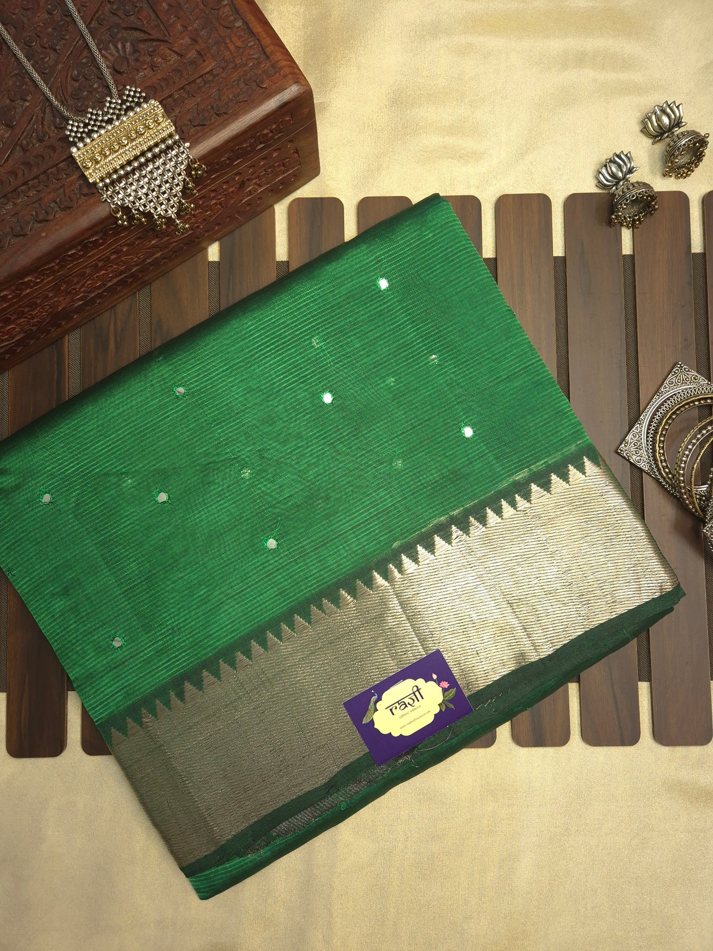 Bottle Green Mangalgiri Pattu Saree with Mirror work