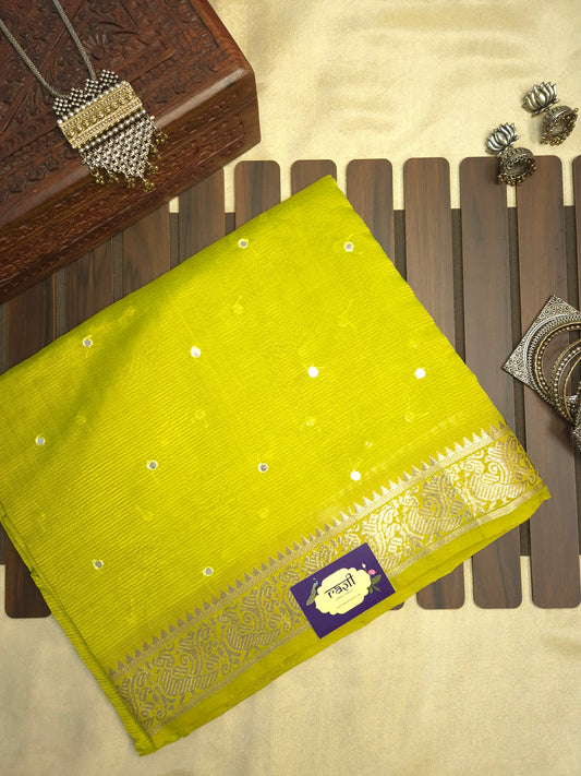 Greenish Yellow Mangalgiri Pattu Saree with Mirror work