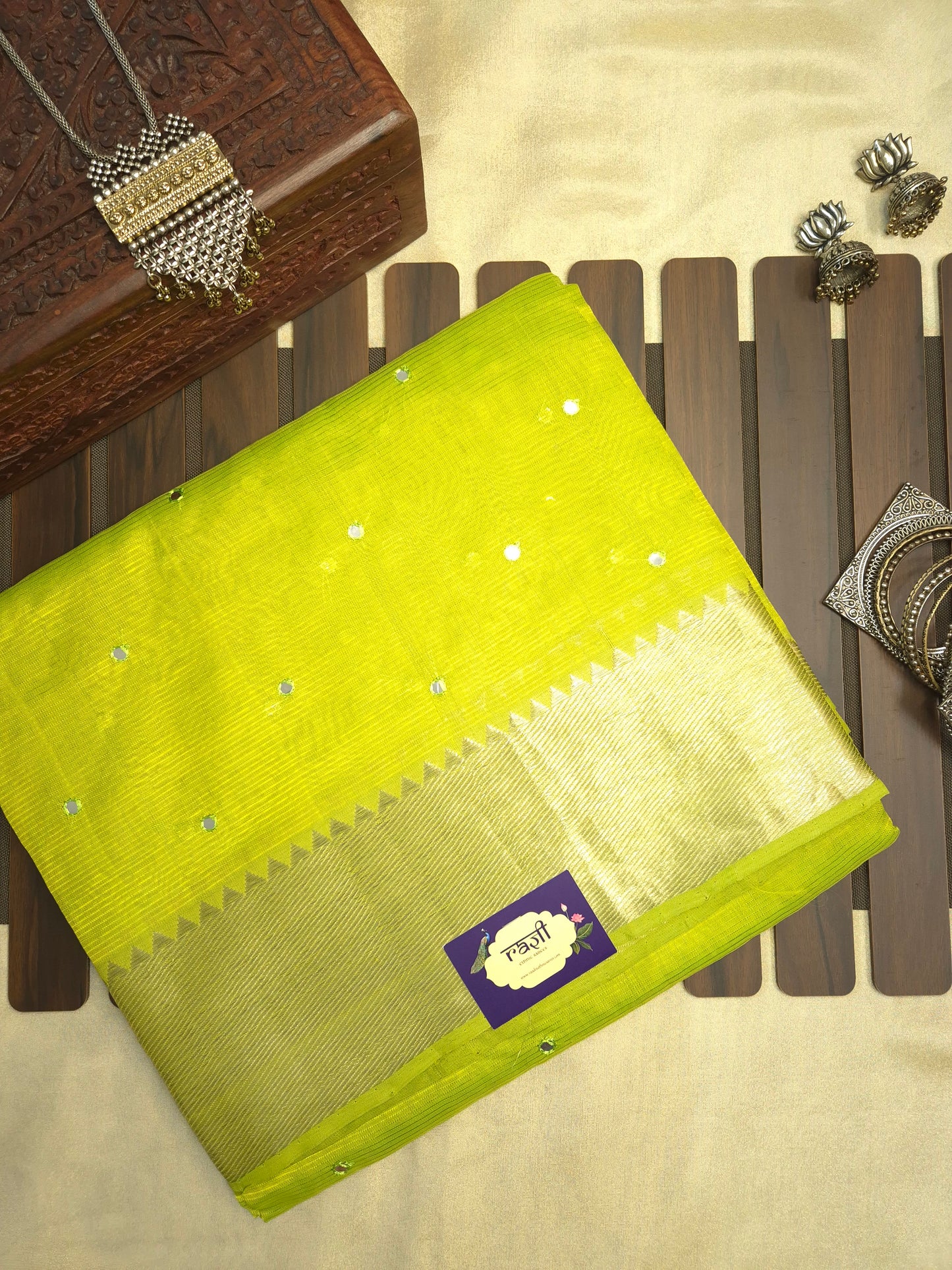 Lemon Green Mangalgiri Pattu Saree with Mirror work