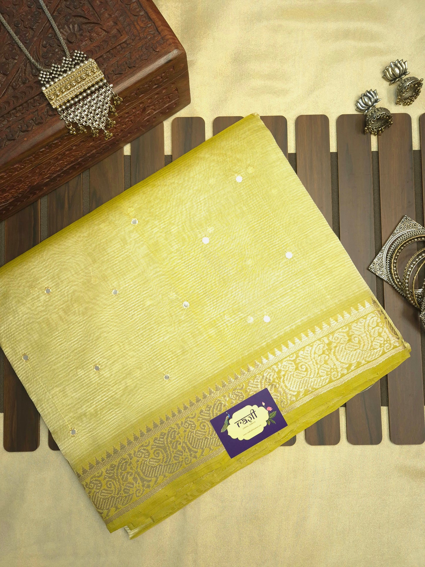 Pastel Yellow Golden Mangalgiri Pattu Saree with Mirror work