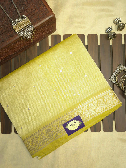Pastel Yellow Golden Mangalgiri Pattu Saree with Mirror work