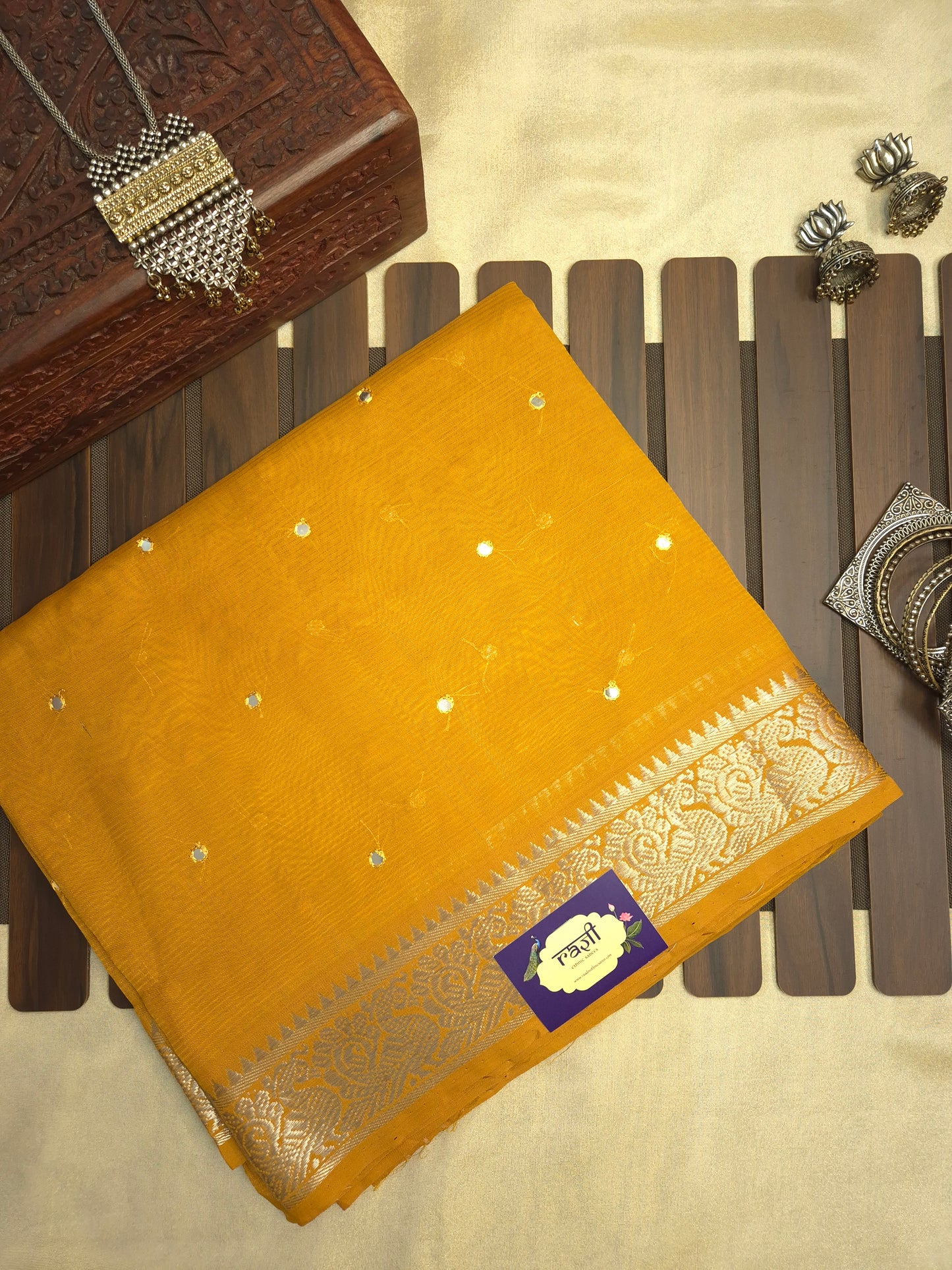 Mustard Yellow Mangalgiri Pattu Saree with Mirror work