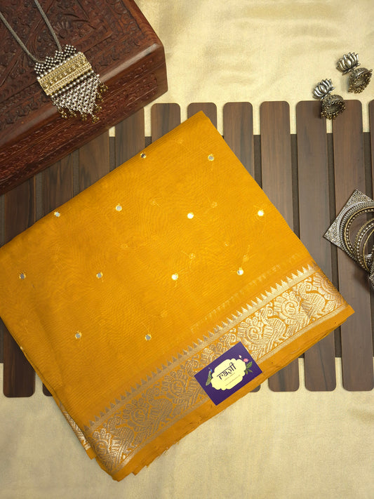 Mustard Yellow Mangalgiri Pattu Saree with Mirror work