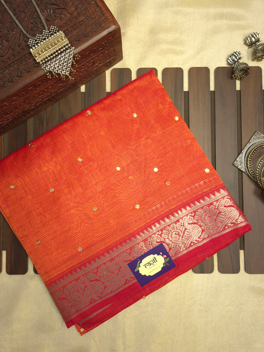 Orange Golden Mangalgiri Pattu Saree with Mirror work