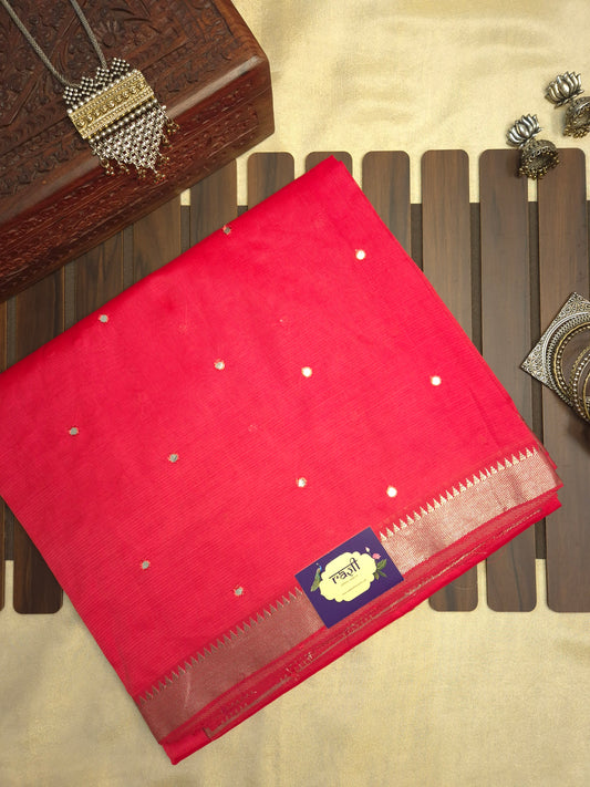 Cherry Red Mangalgiri Pattu Saree with Mirror work