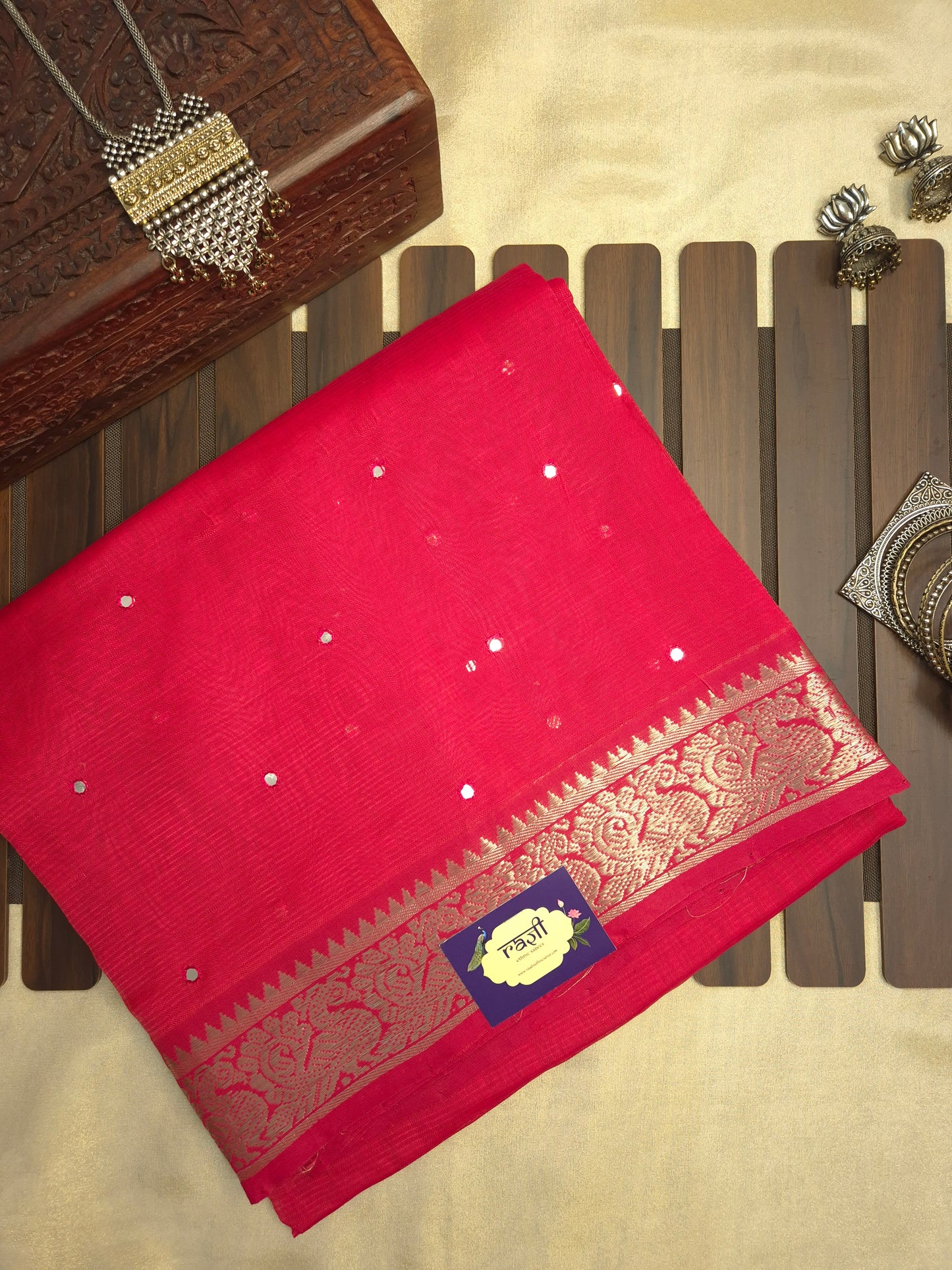 Cherry Red Mangalgiri Pattu Saree with Mirror work