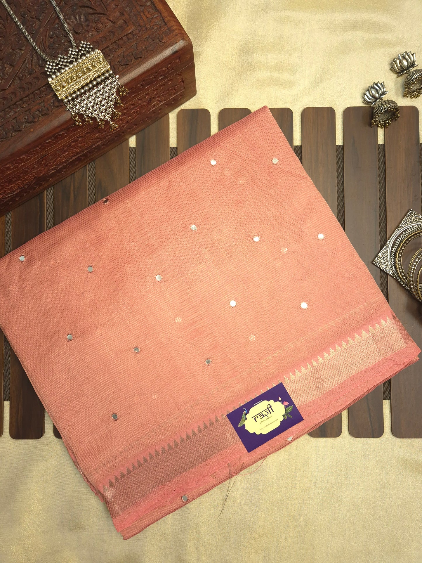 Peach Mangalgiri Pattu Saree with Mirror work