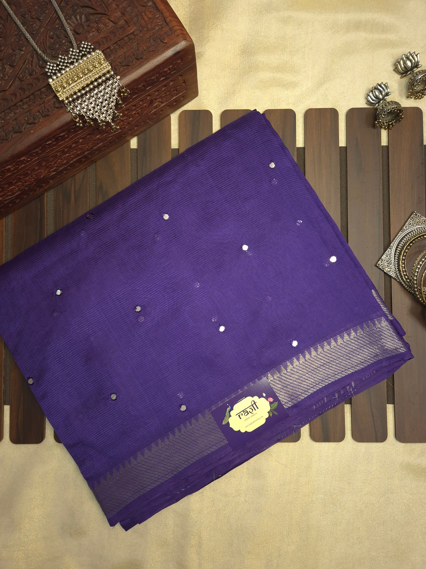 Indigo Mangalgiri Pattu Saree with Mirror work