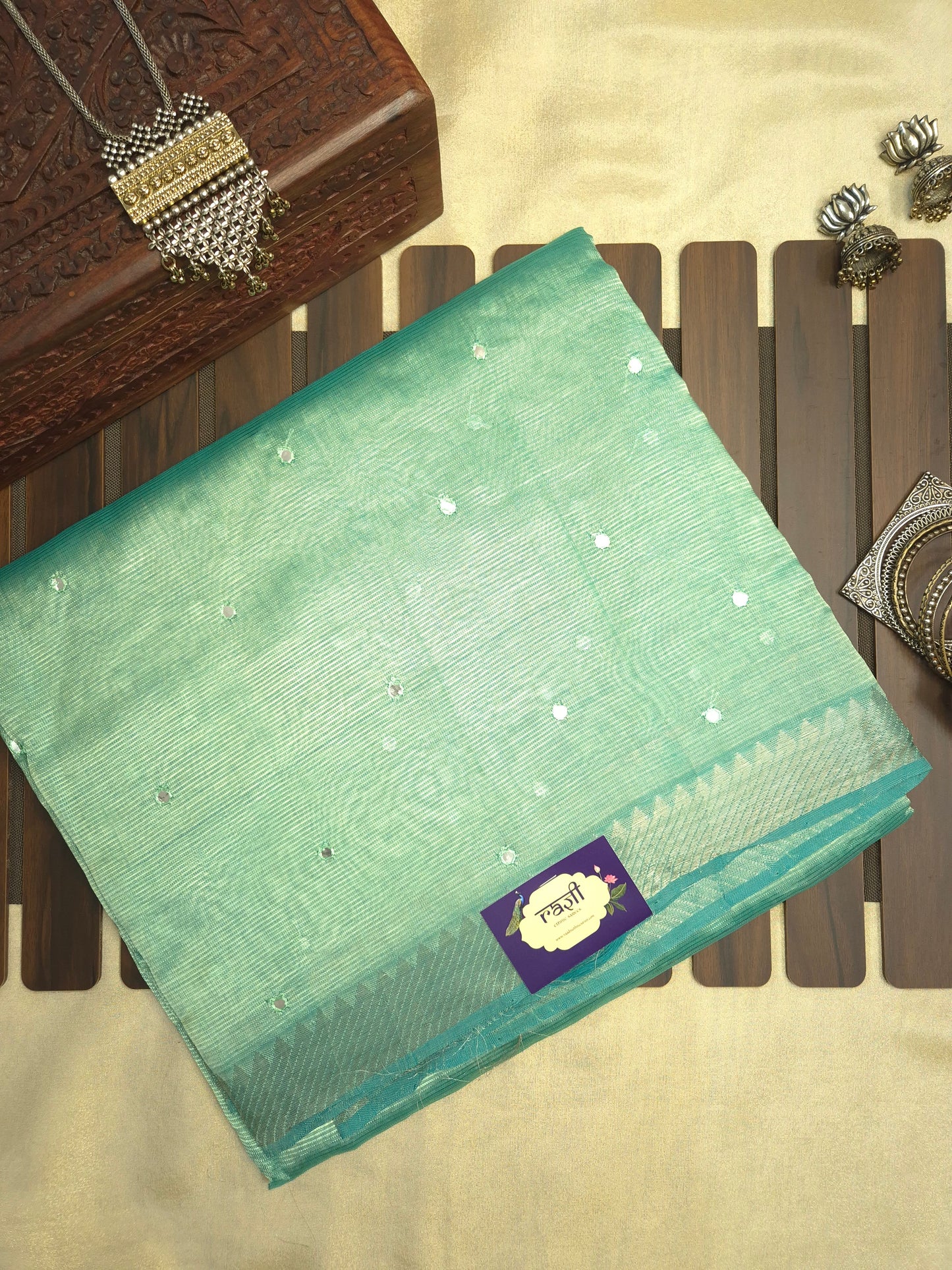Pista Green Mangalgiri Pattu Saree with Mirror work