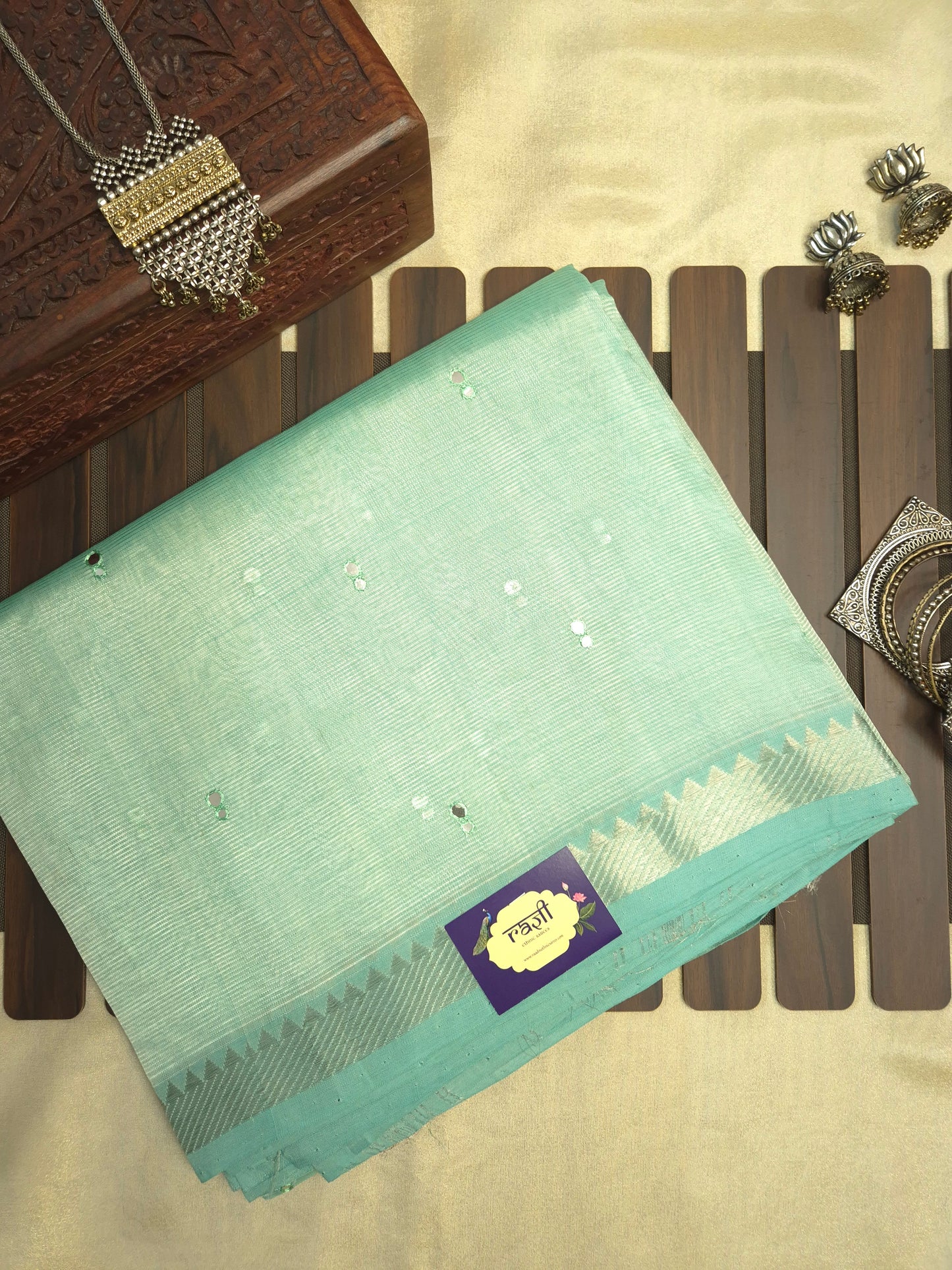 Mint Green Mangalgiri Pattu Saree with Mirror work