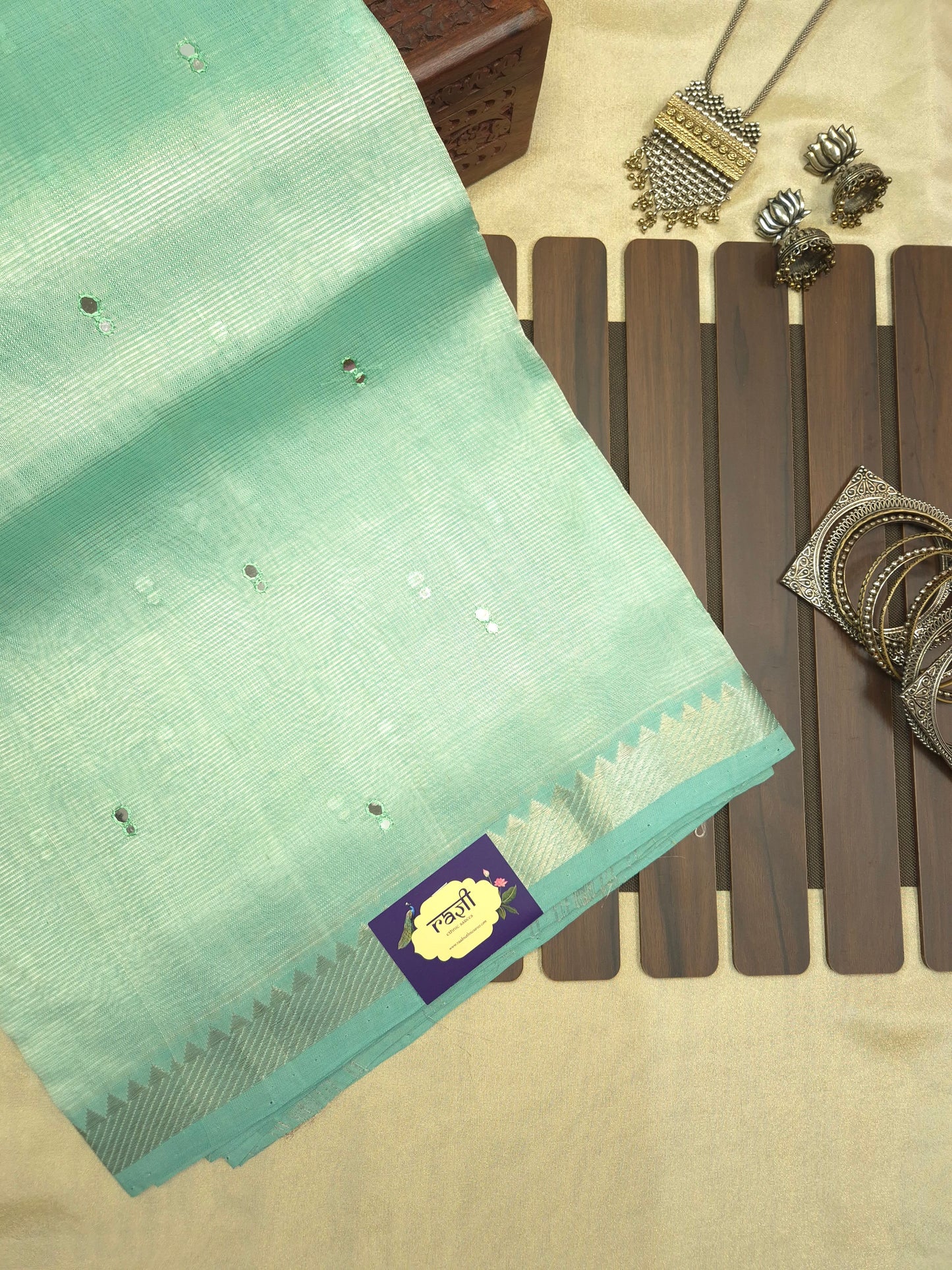 Mint Green Mangalgiri Pattu Saree with Mirror work