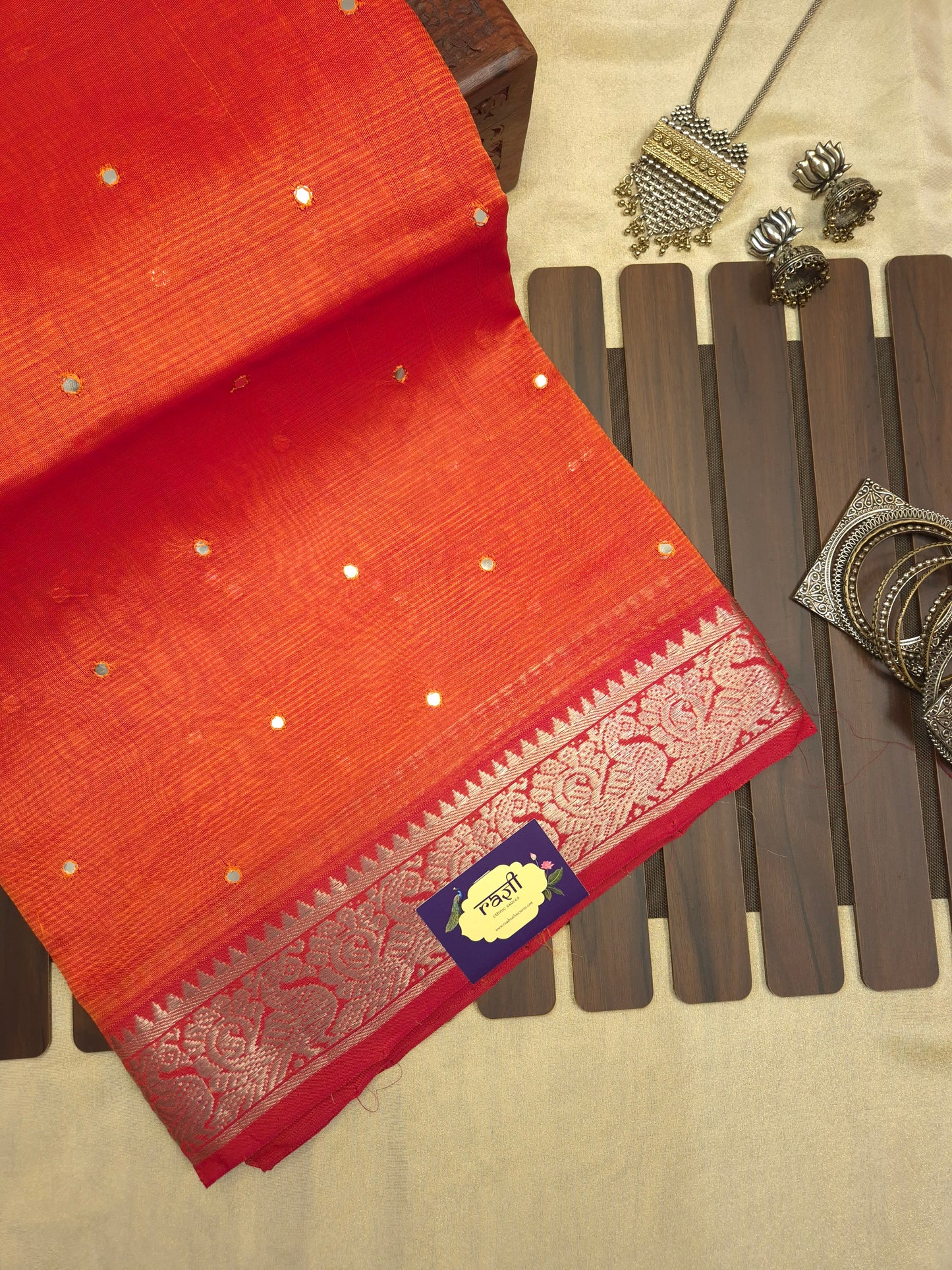 Orange Golden Mangalgiri Pattu Saree with Mirror work