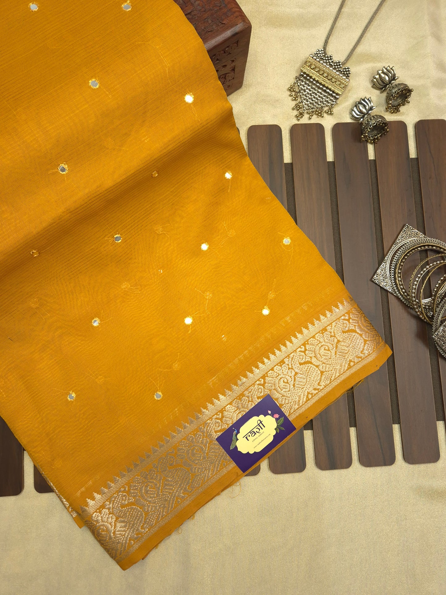 Mustard Yellow Mangalgiri Pattu Saree with Mirror work