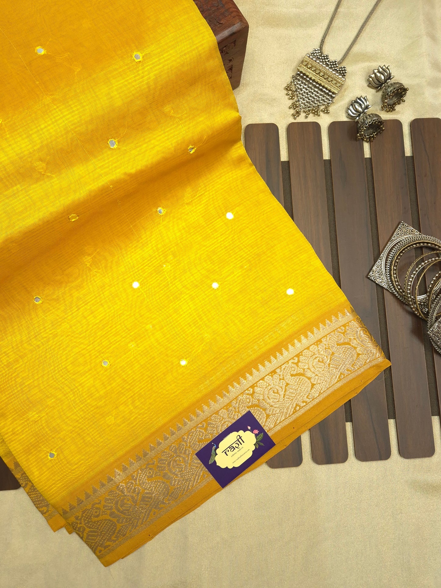 Yellow Mangalgiri Pattu Saree with Mirror work