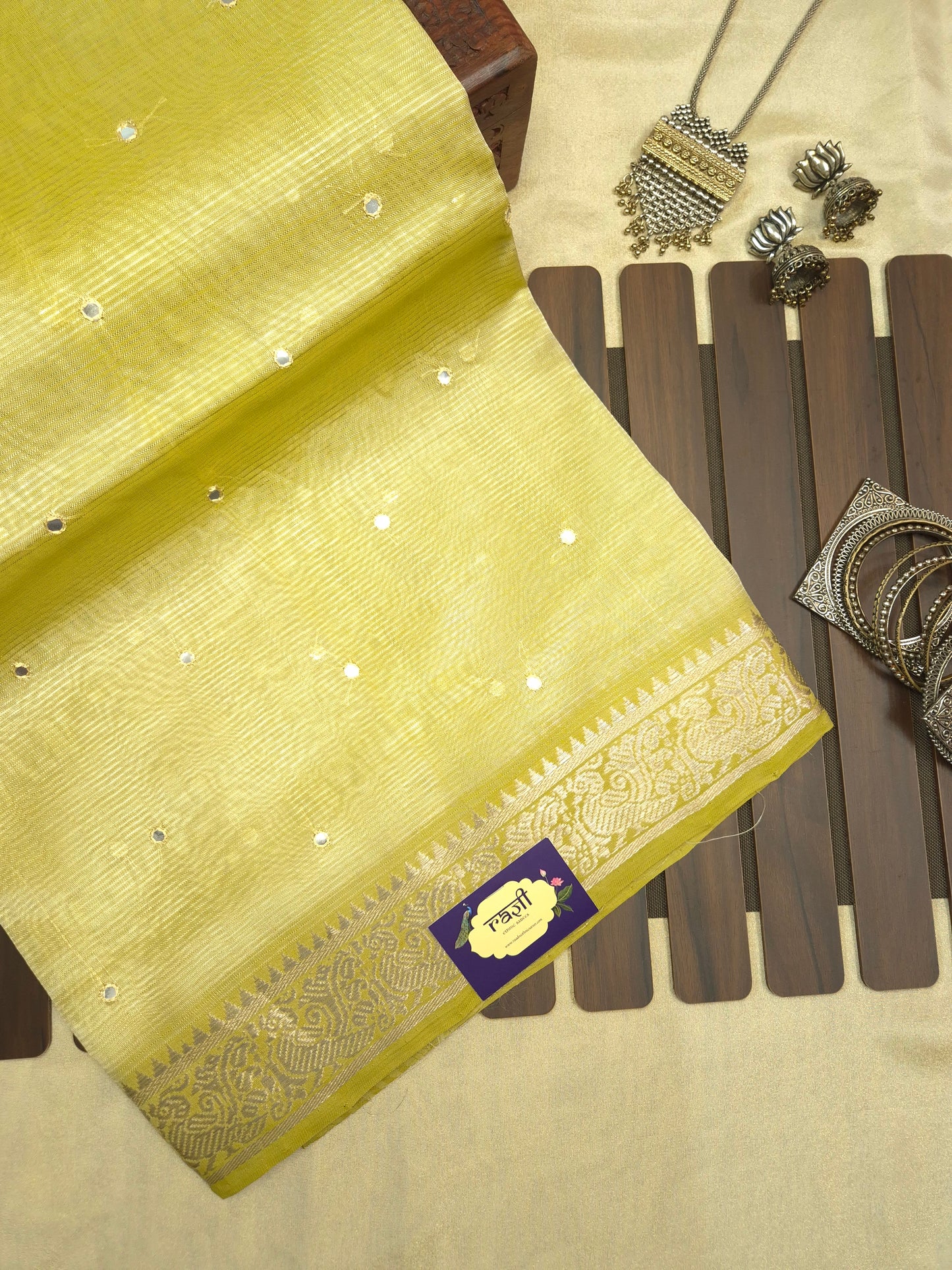 Pastel Yellow Golden Mangalgiri Pattu Saree with Mirror work