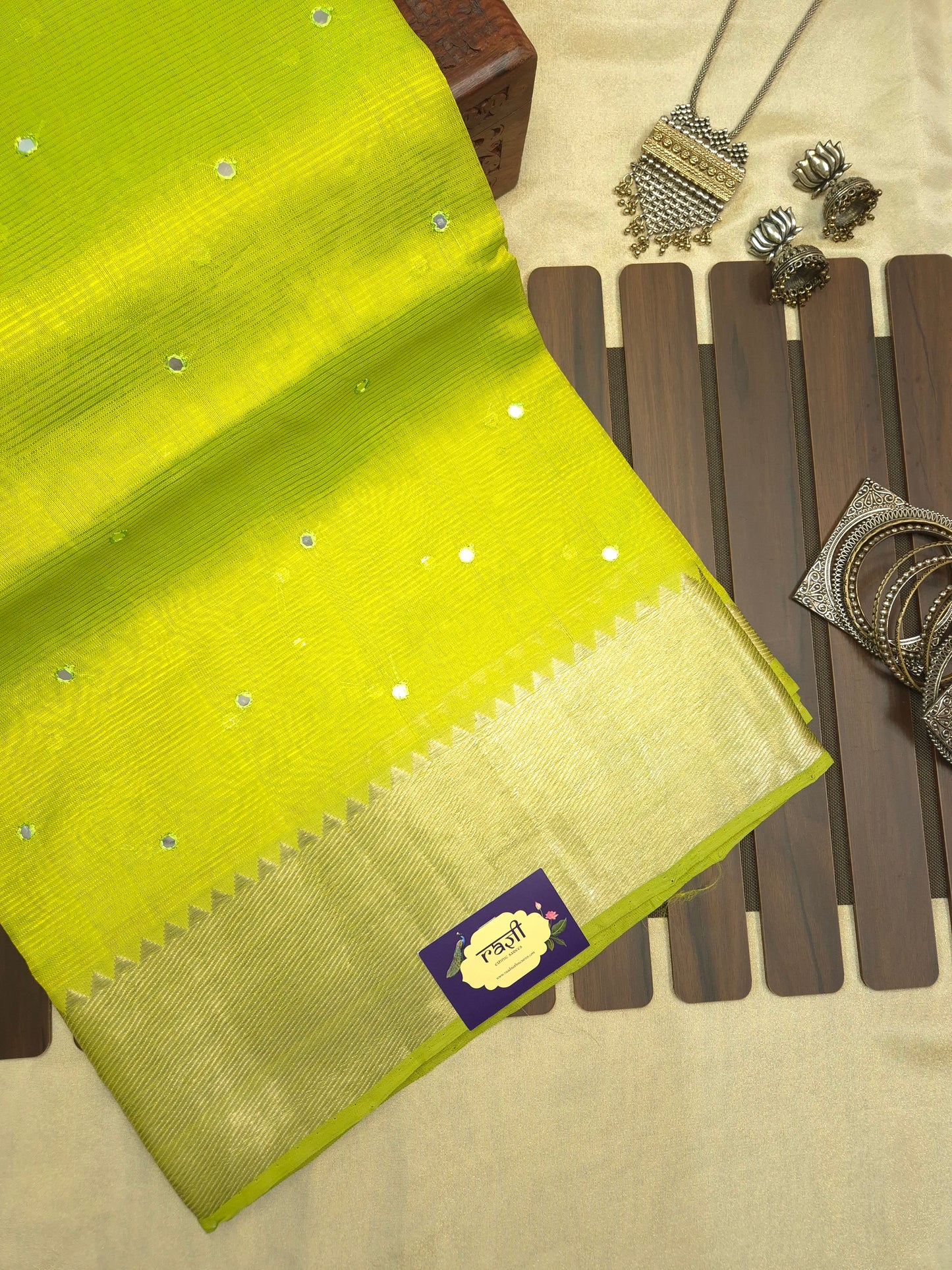 Lemon Green Mangalgiri Pattu Saree with Mirror work