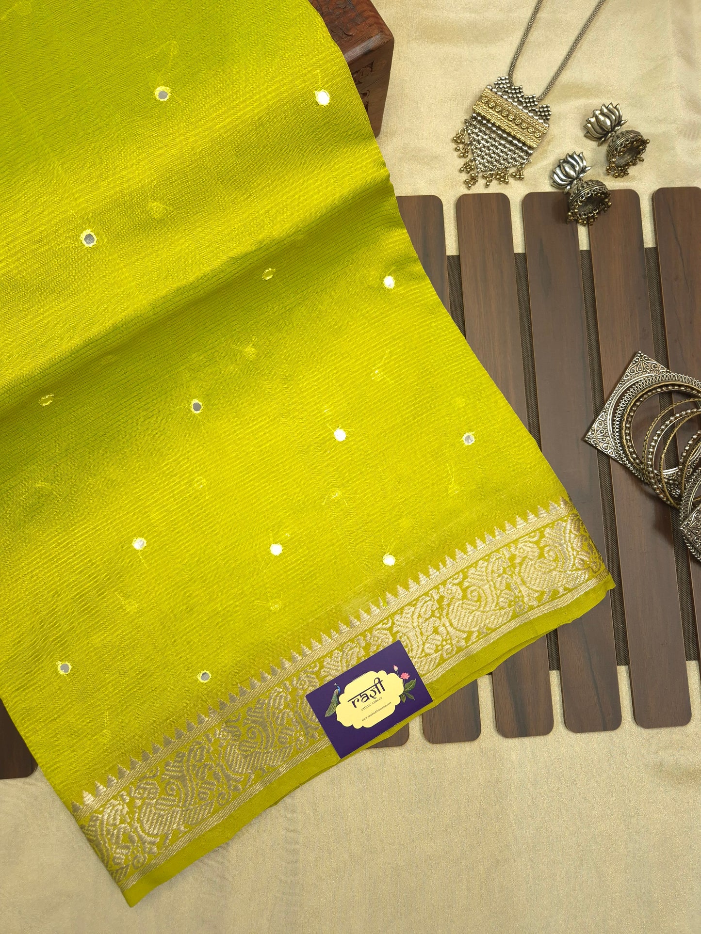 Greenish Yellow Mangalgiri Pattu Saree with Mirror work