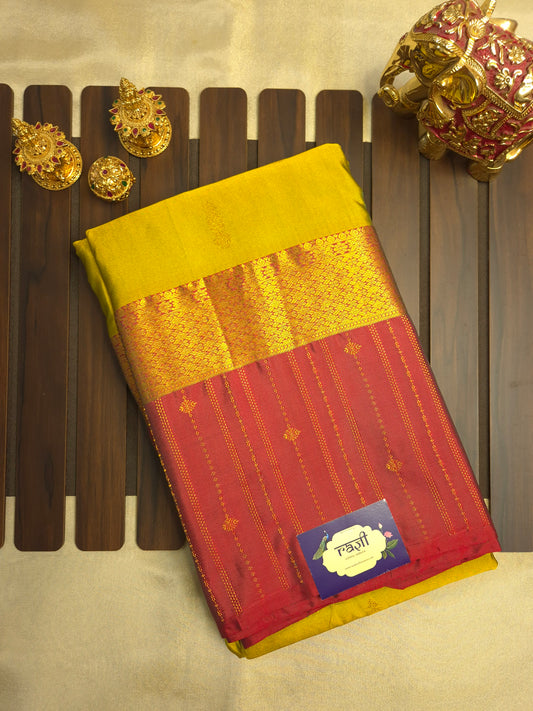 Mustard Yellowish Green Kanchipuram Silk Saree with Dark Red Border and Golden Zari