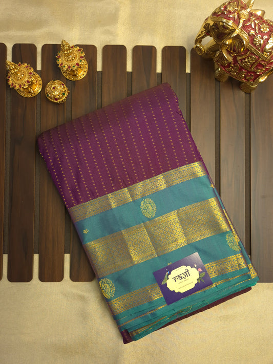 Purple Kanchipuram Silk Saree with Teal Border and Golden Zari