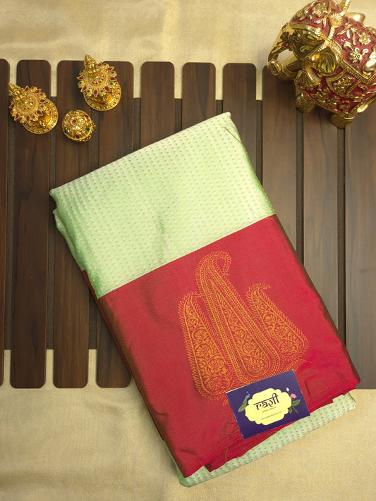 Light Mint Green Kanchipuram Silk Saree with Red Border and Golden Zari